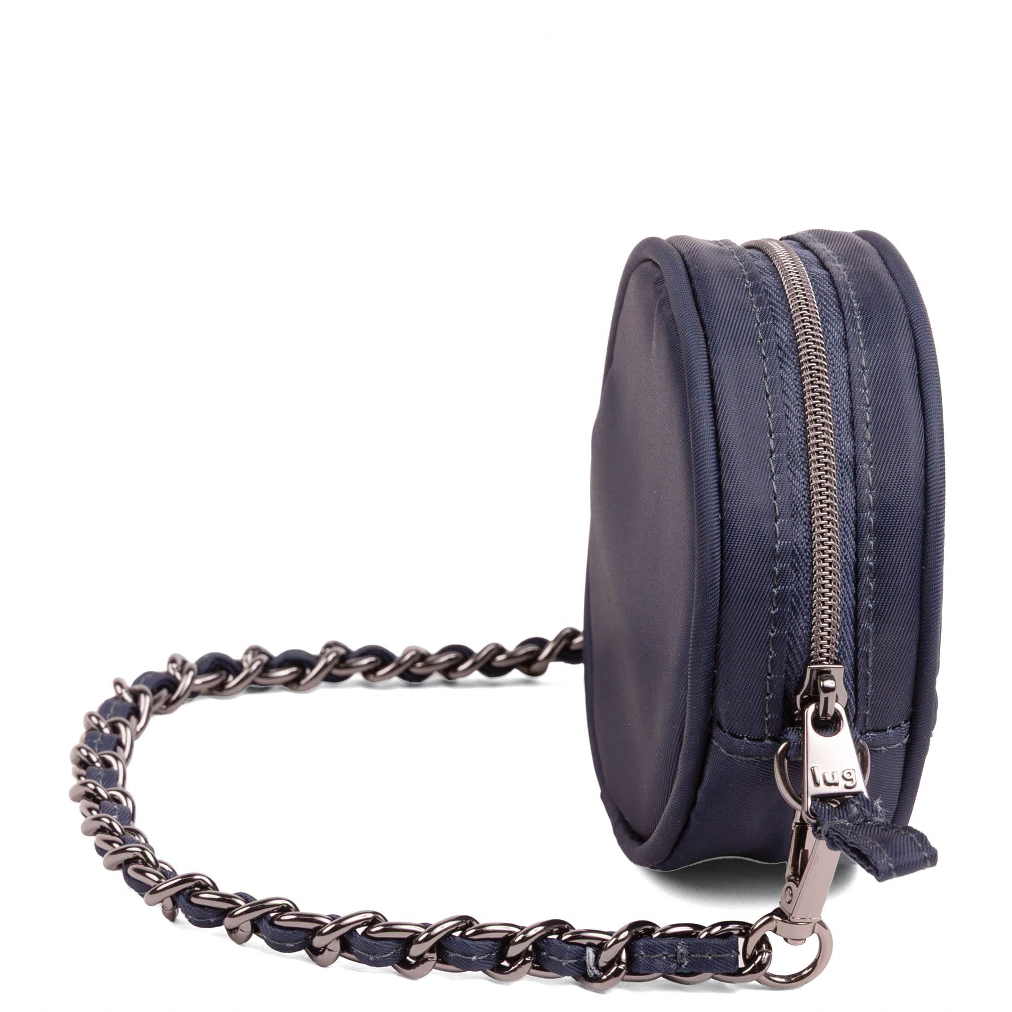 Wagon Wheel Circle Pouch with Metal Chain Wristlet - INDIGO - 27103_WheelWagon_Indigo_Angle_03