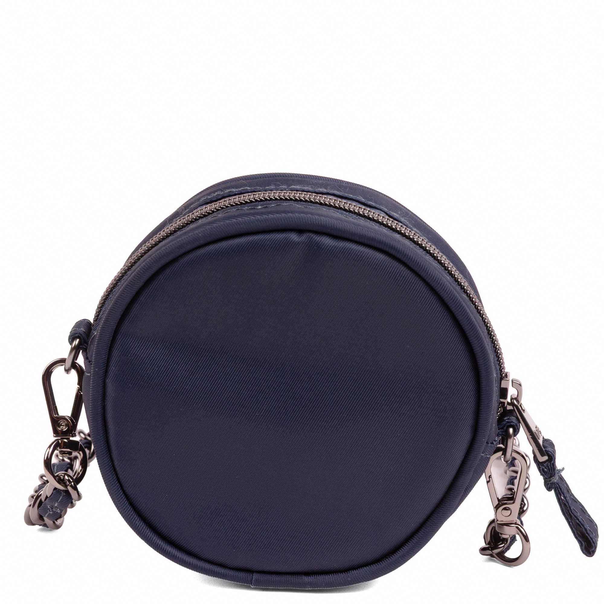 Wagon Wheel Circle Pouch with Metal Chain Wristlet - INDIGO - 27103_WheelWagon_Indigo_Angle_04