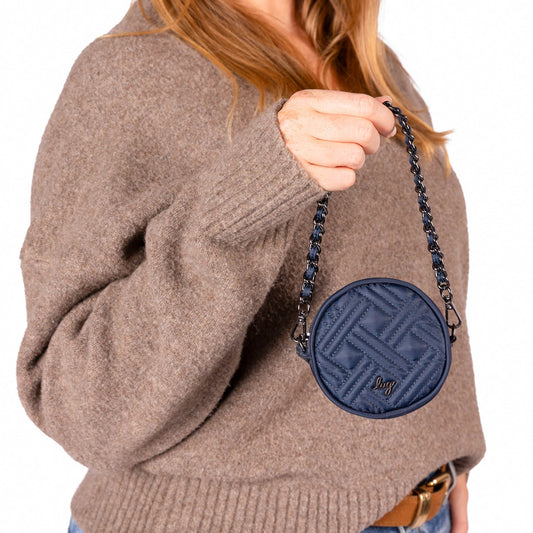 Wagon Wheel Circle Pouch with Metal Chain Wristlet - - 27103_WheelWagon_Indigo_BagProportion_03