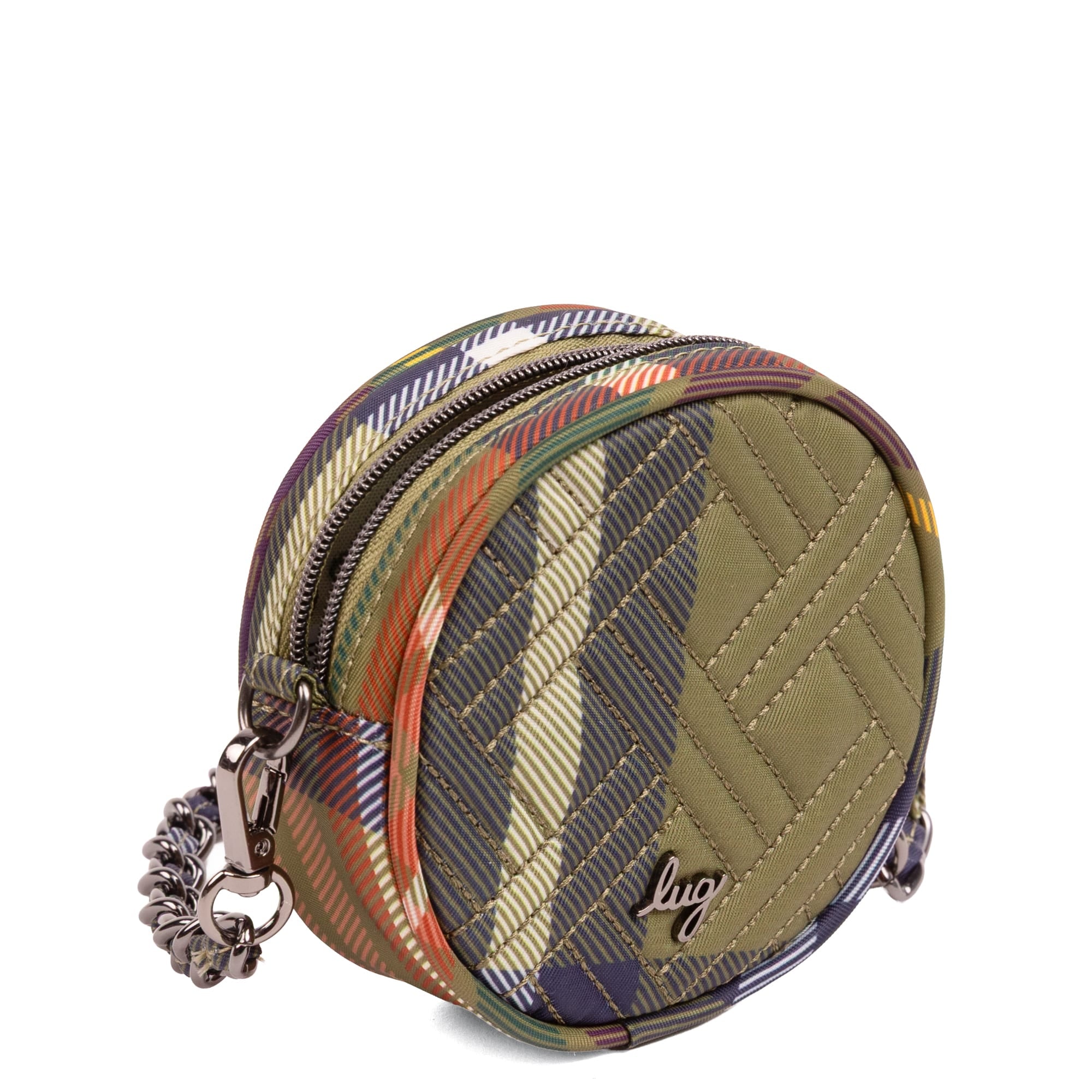 Wagon Wheel Circle Pouch with Metal Chain Wristlet - AUTUMN PLAID - 27104_WheelWagon_AutumnPlaid_Angle_02