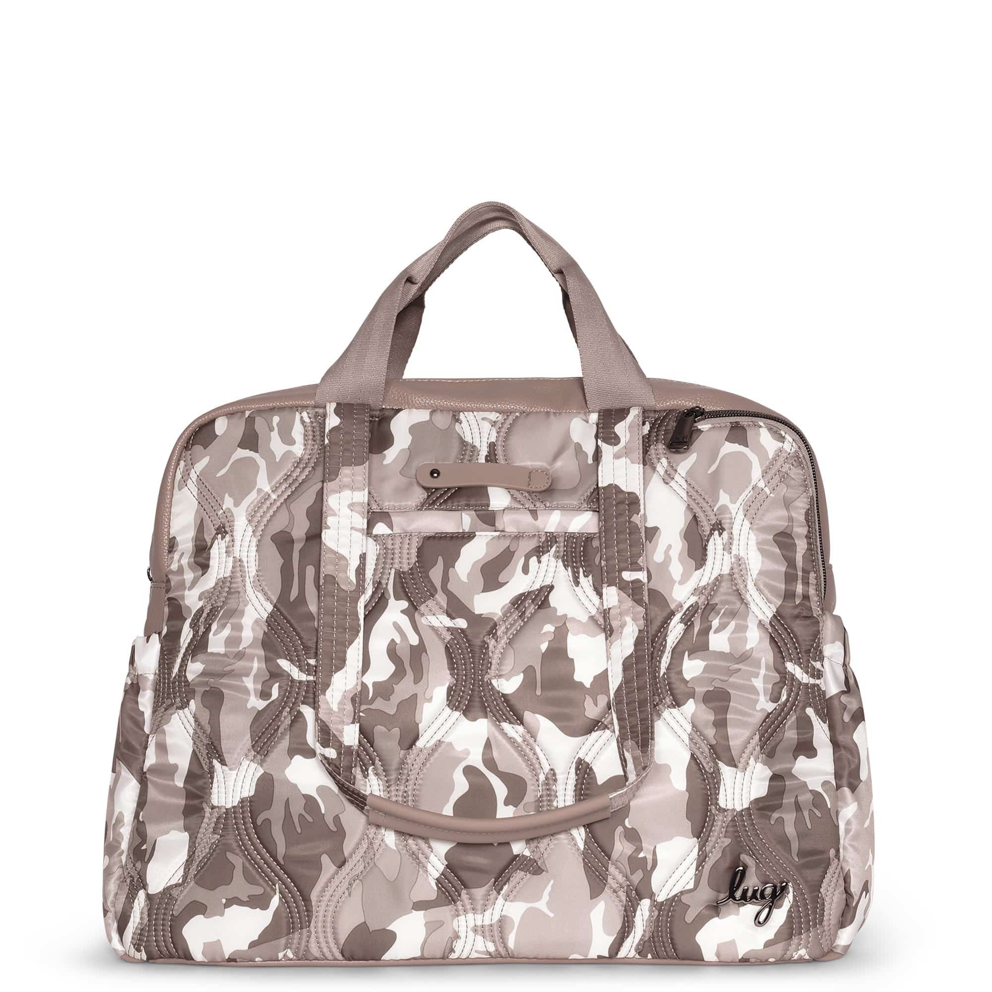 Lug Aviator Carry-All Tote Bag in taupe camouflage fabric with multiple compartments and sturdy handles.