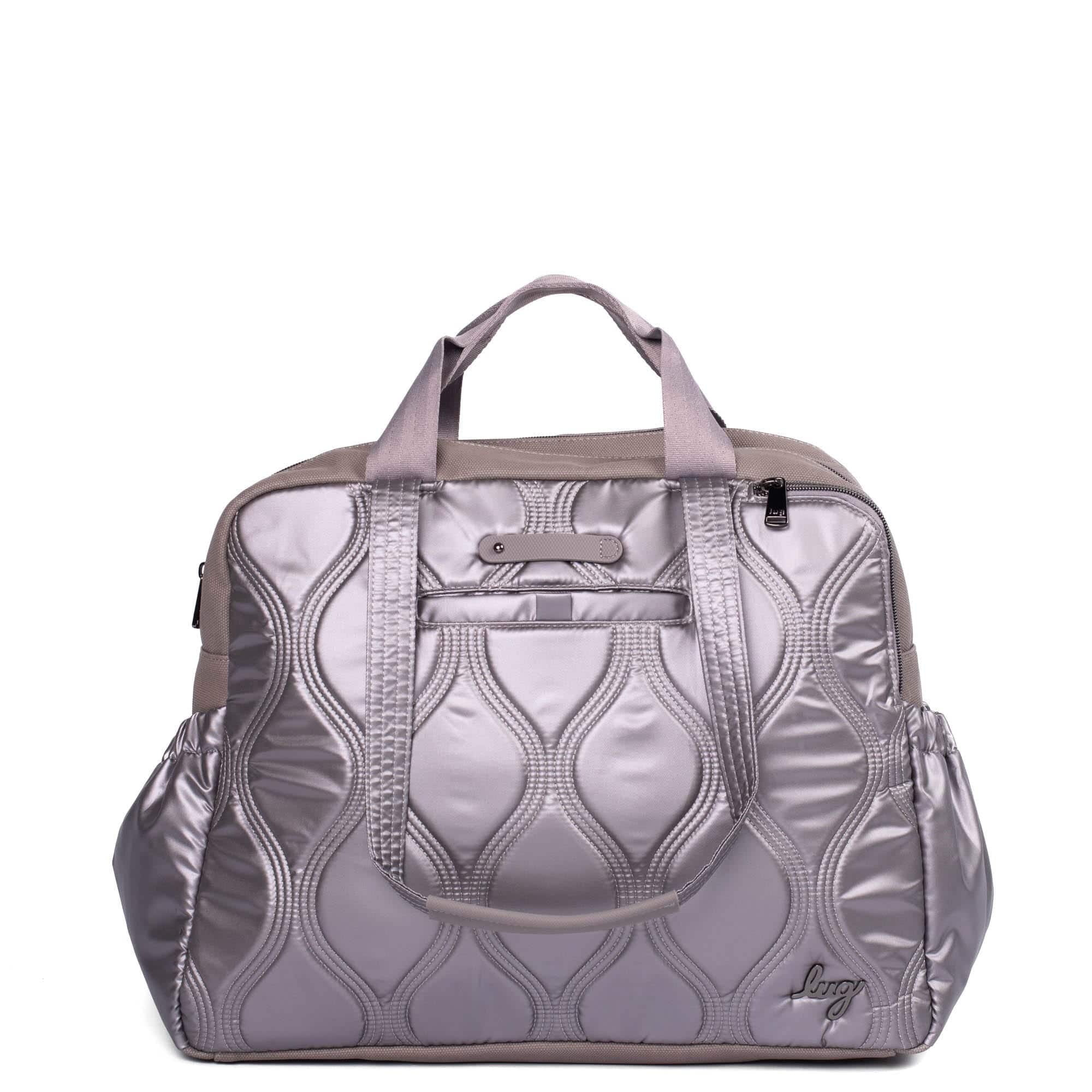 Lug Aviator Carry-All Tote Bag in metallic pearl finish, stylish tote with multiple compartments and sturdy handles.
