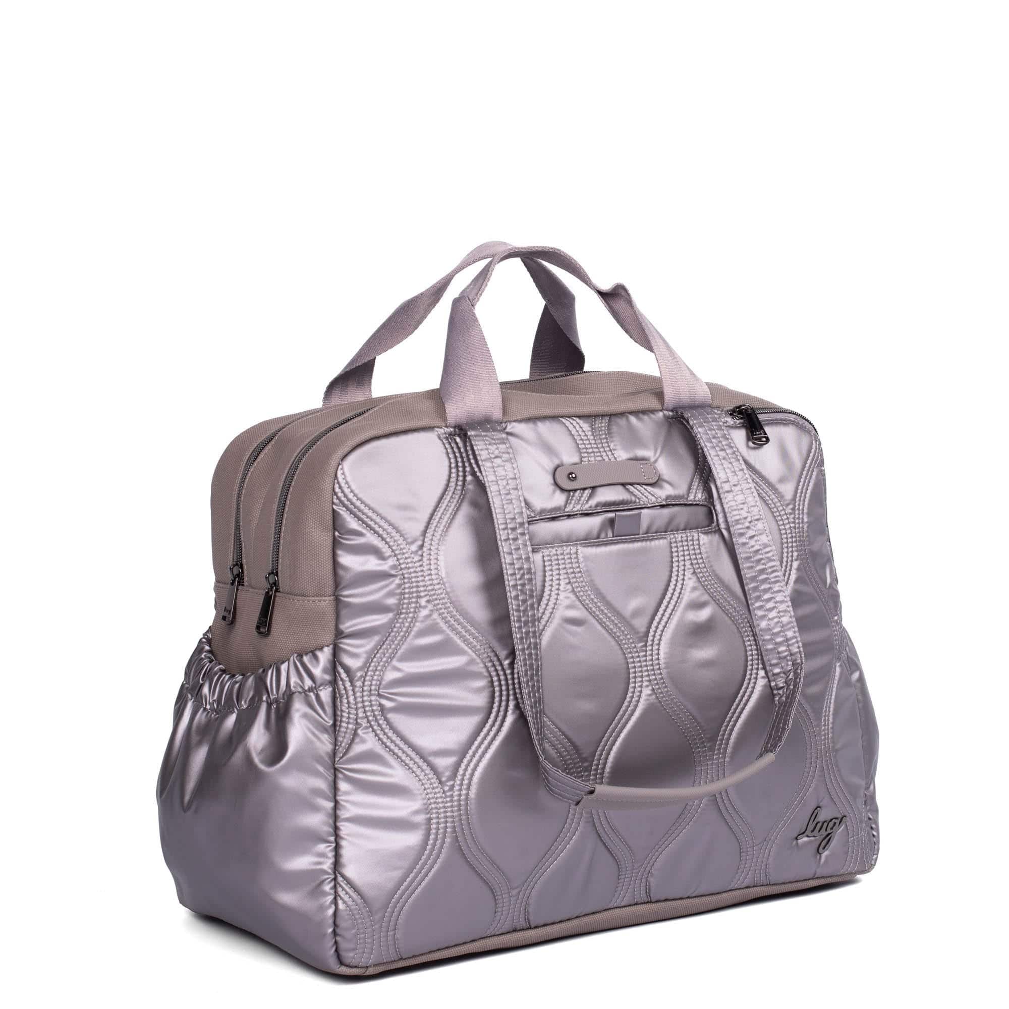 Lug Aviator metallic pearl tote bag with sturdy handles and spacious interior, perfect for everyday carry and organization.