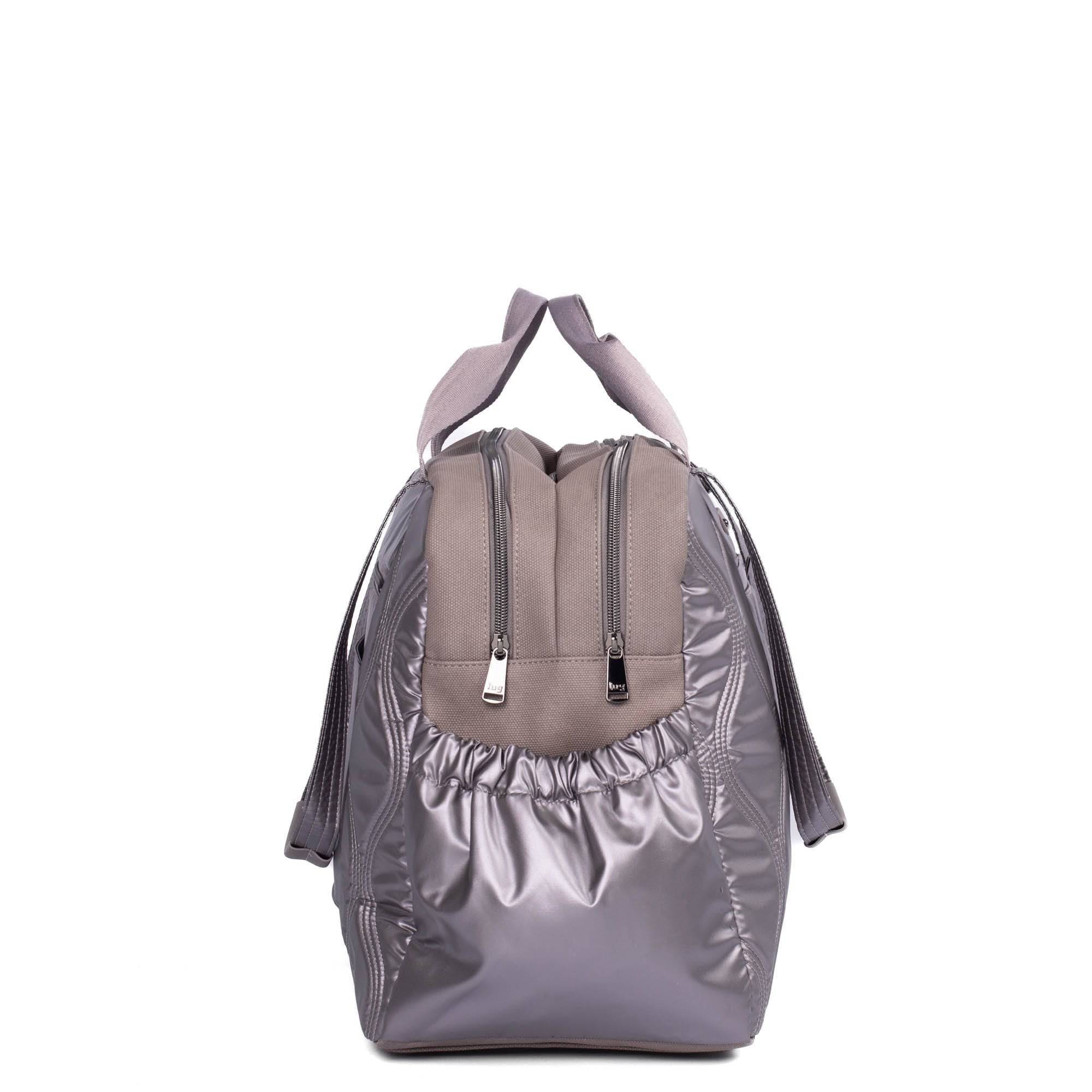 Lug Aviator Carry-All Tote Bag in metallic pearl finish, spacious tote with sleek handles and stylish design.