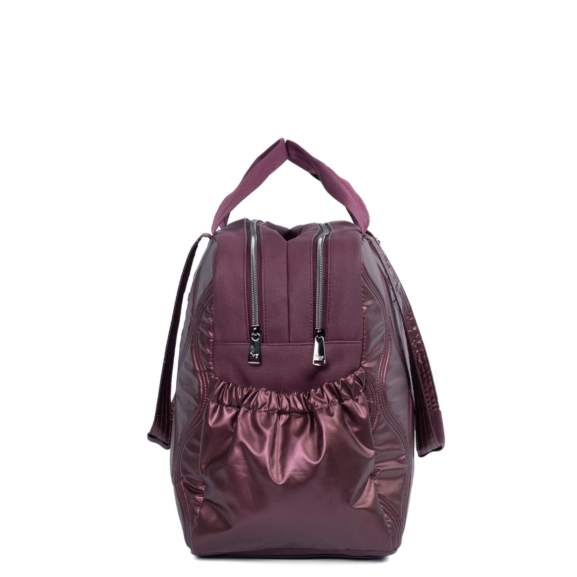 Lug Aviator metallic wine carry-all tote bag with spacious interior and sturdy handles, stylish and practical for everyday use.