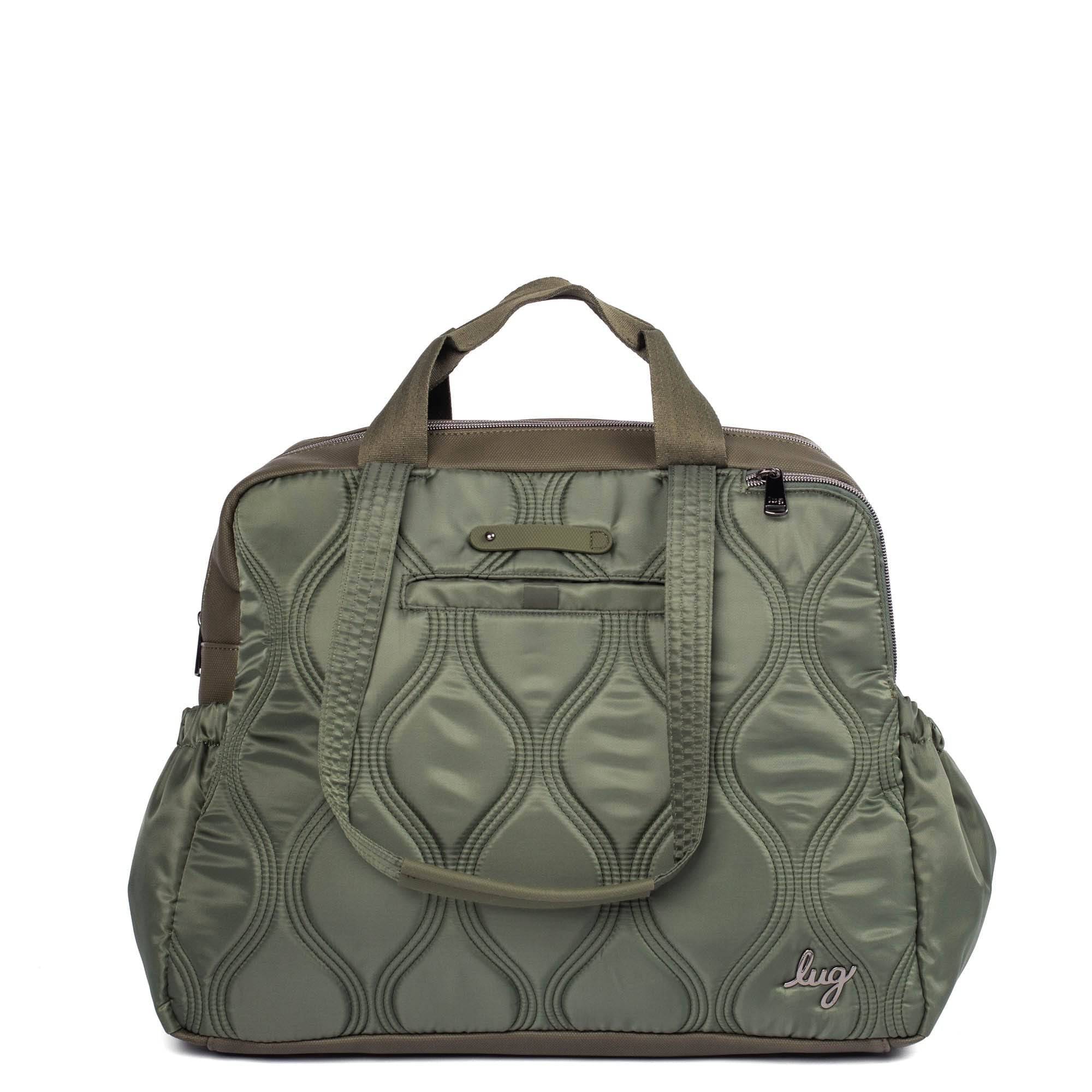 Olive green Lug Aviator Carry-All Tote Bag with multiple compartments and sturdy handles, designed for everyday use.
