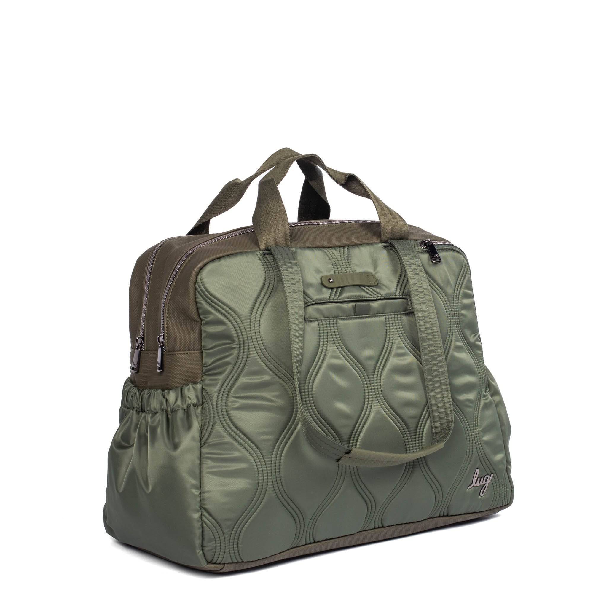 Olive green Lug Aviator Carry-All Tote Bag with multiple compartments and sturdy handles, designed for versatile everyday use.