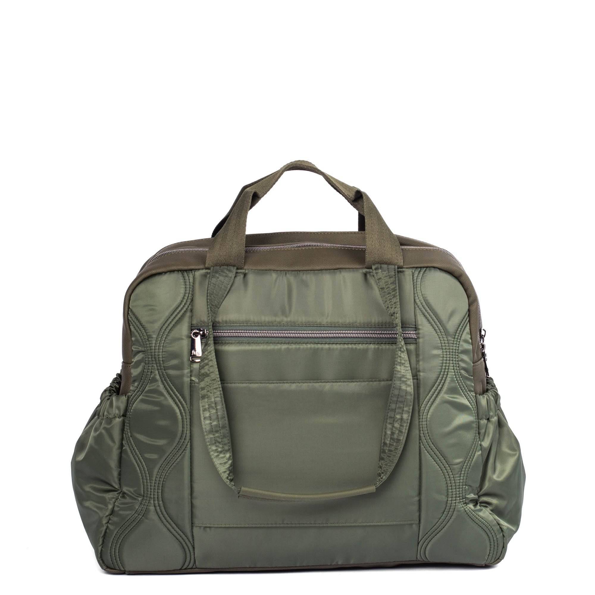 Olive green Lug Aviator Carry-All tote bag with multiple compartments, durable straps, and spacious interior for everyday use.