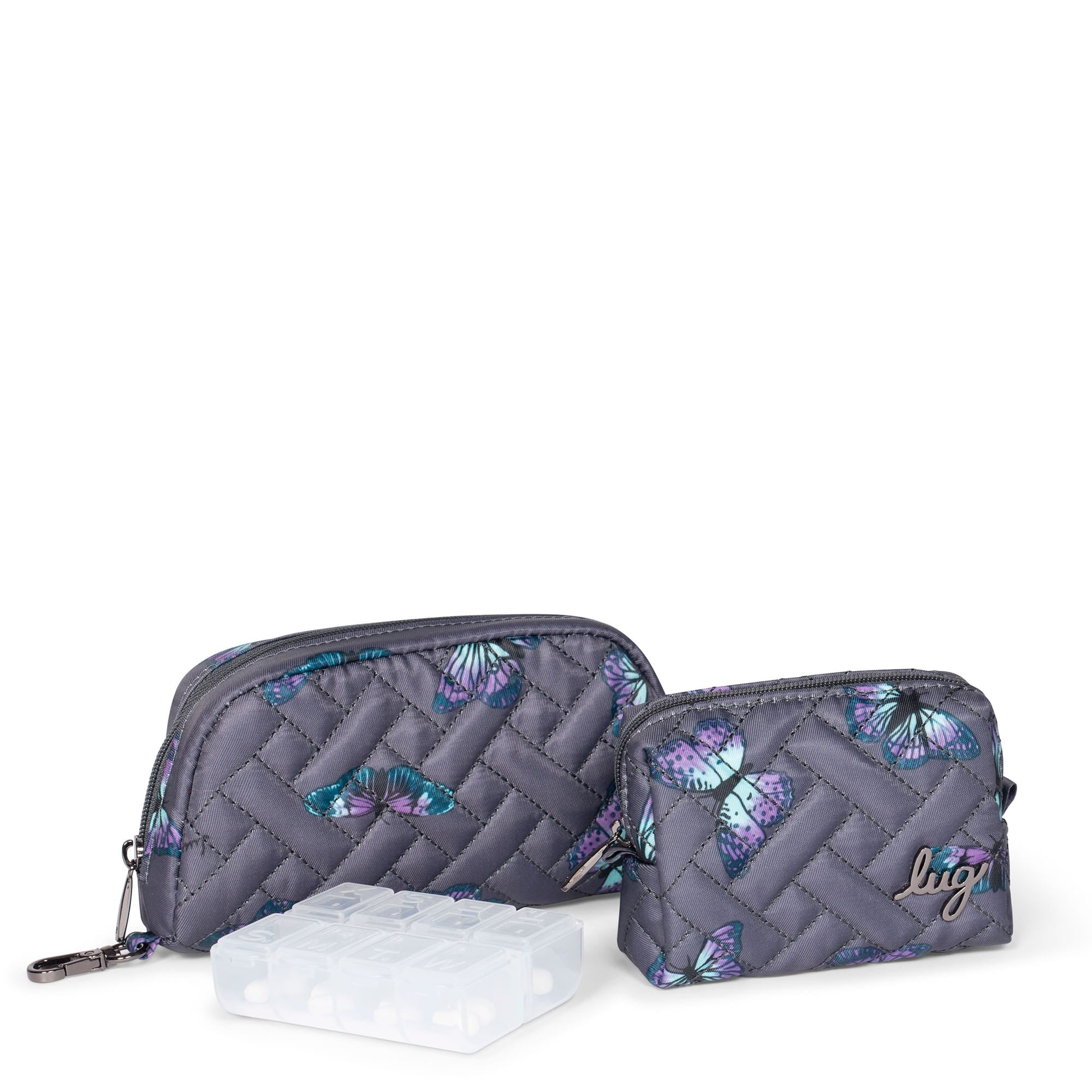 Bobsled Eyeglass Case & Choo Choo Mini Pill Box Set - BUTTERFLY GREY - BobSled_MiniChooChooDuo_ButterflyGrey_01