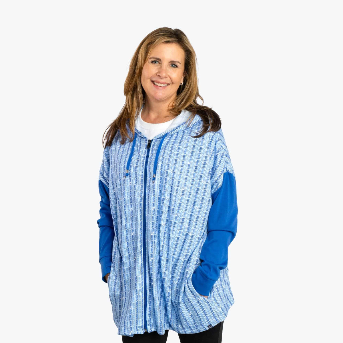 Bolero Brushed Sweater Knit Zip-Up - - BoleroZipUpSweater_RadiateStripeIndigo_01_1ad4ac79-be4d-4474-aa51-d98dc1fe1842