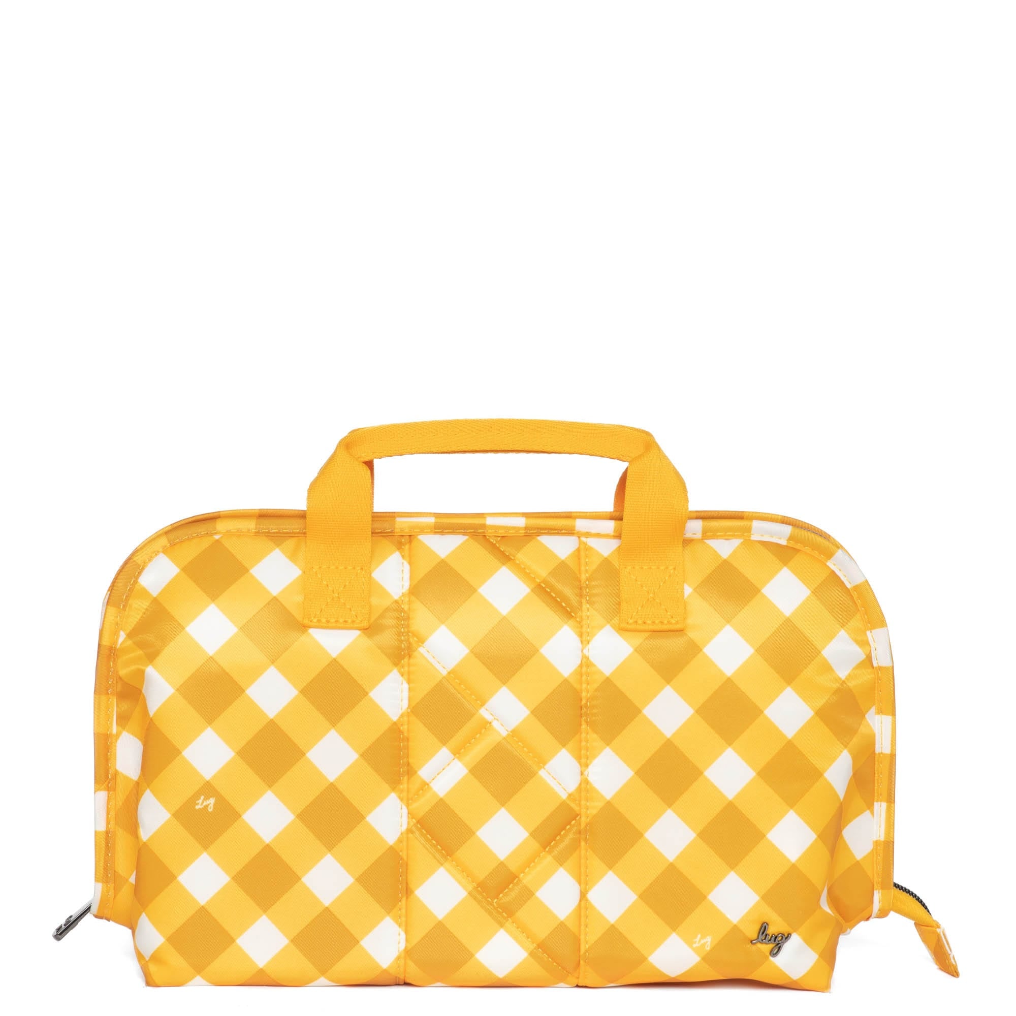 Lug Flash SE Cosmetic Case in mustard gingham fabric with black zipper and compact design for travel makeup storage.