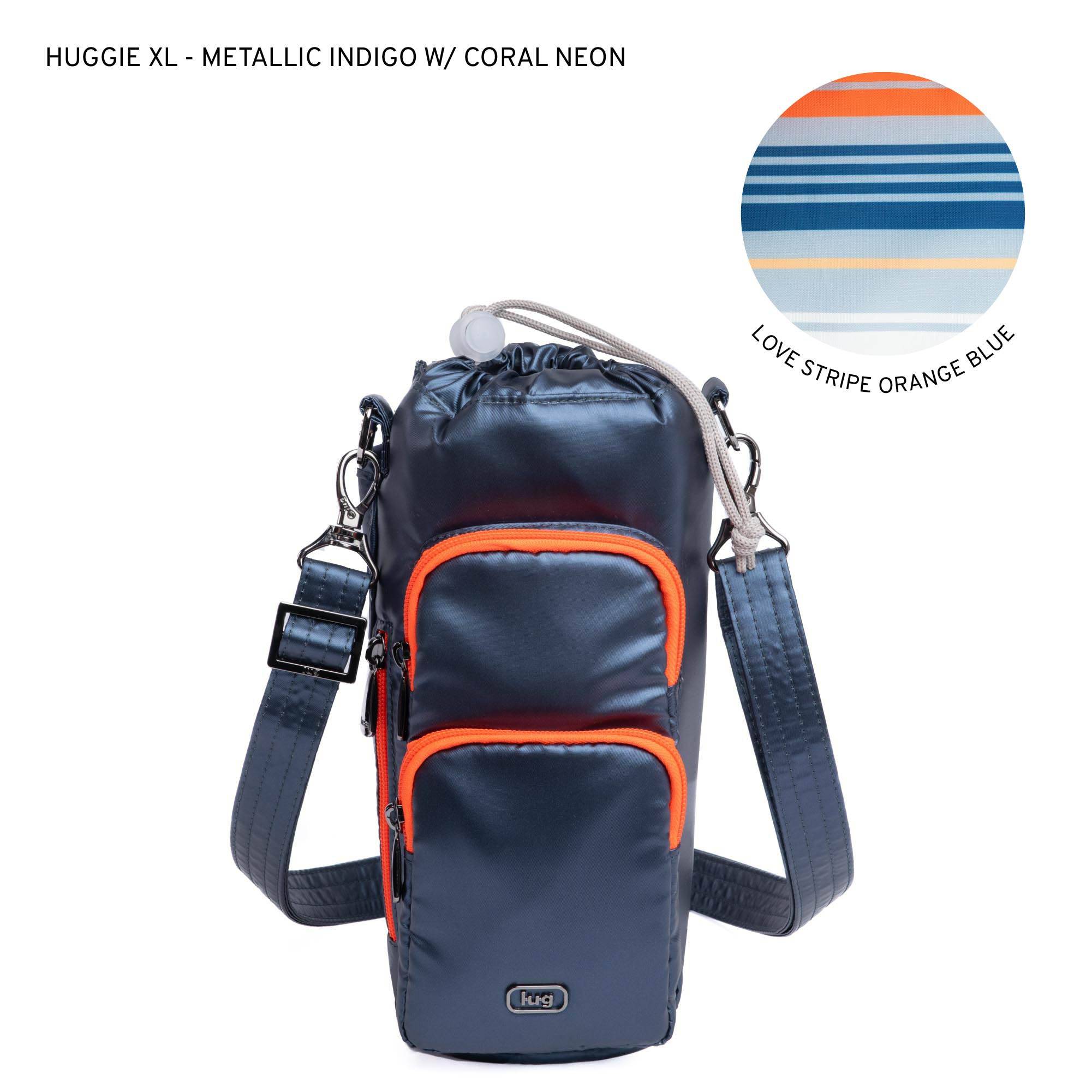 Huggie XL Crossbody Bottle Holder - METALLIC INDIGO WITH CORAL NEON - HuggieXL_MetallicIndigoCoralNeon_LL