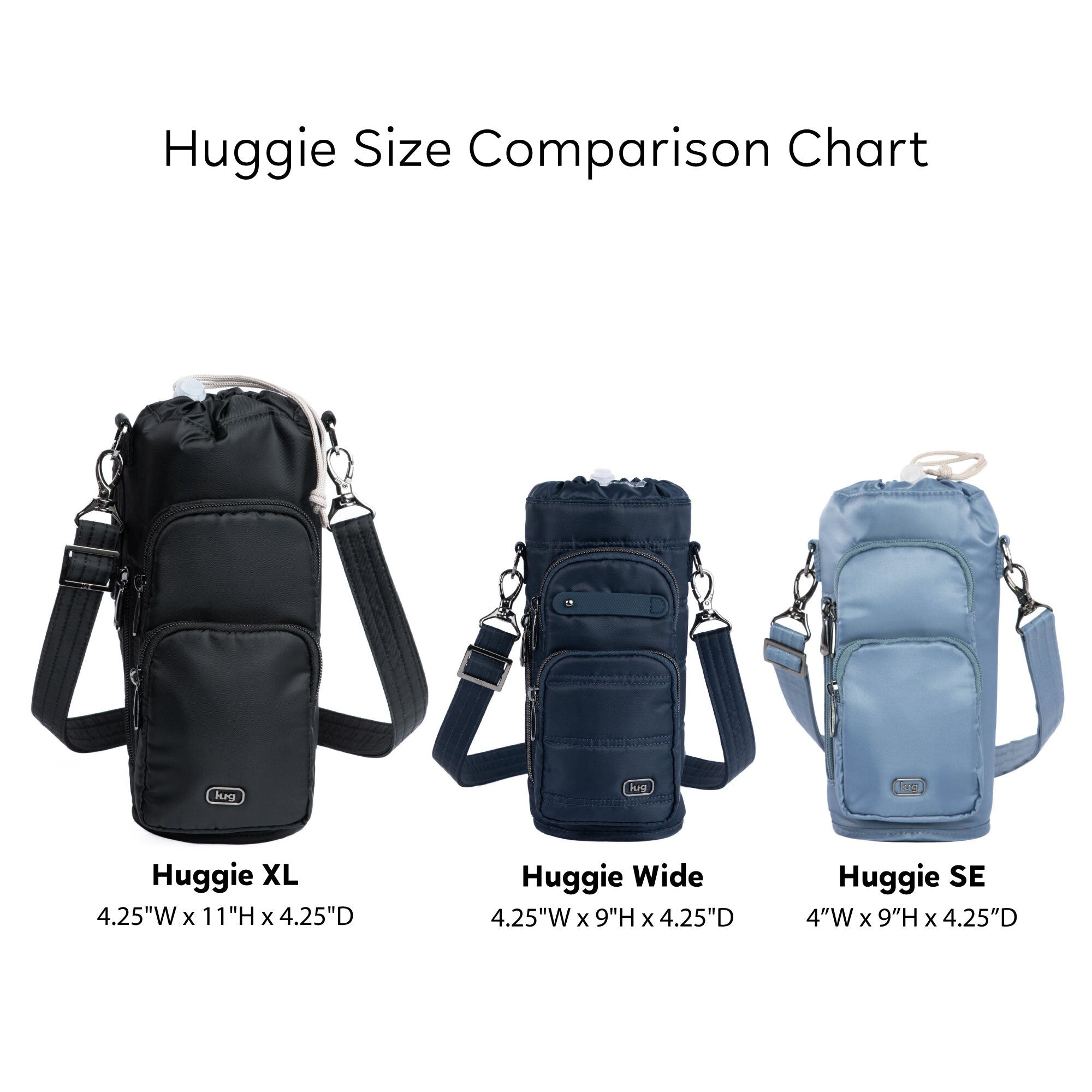Lug Huggie wide crossbody water bottle holder with charm bar, showing adjustable strap and secure bottle compartment.