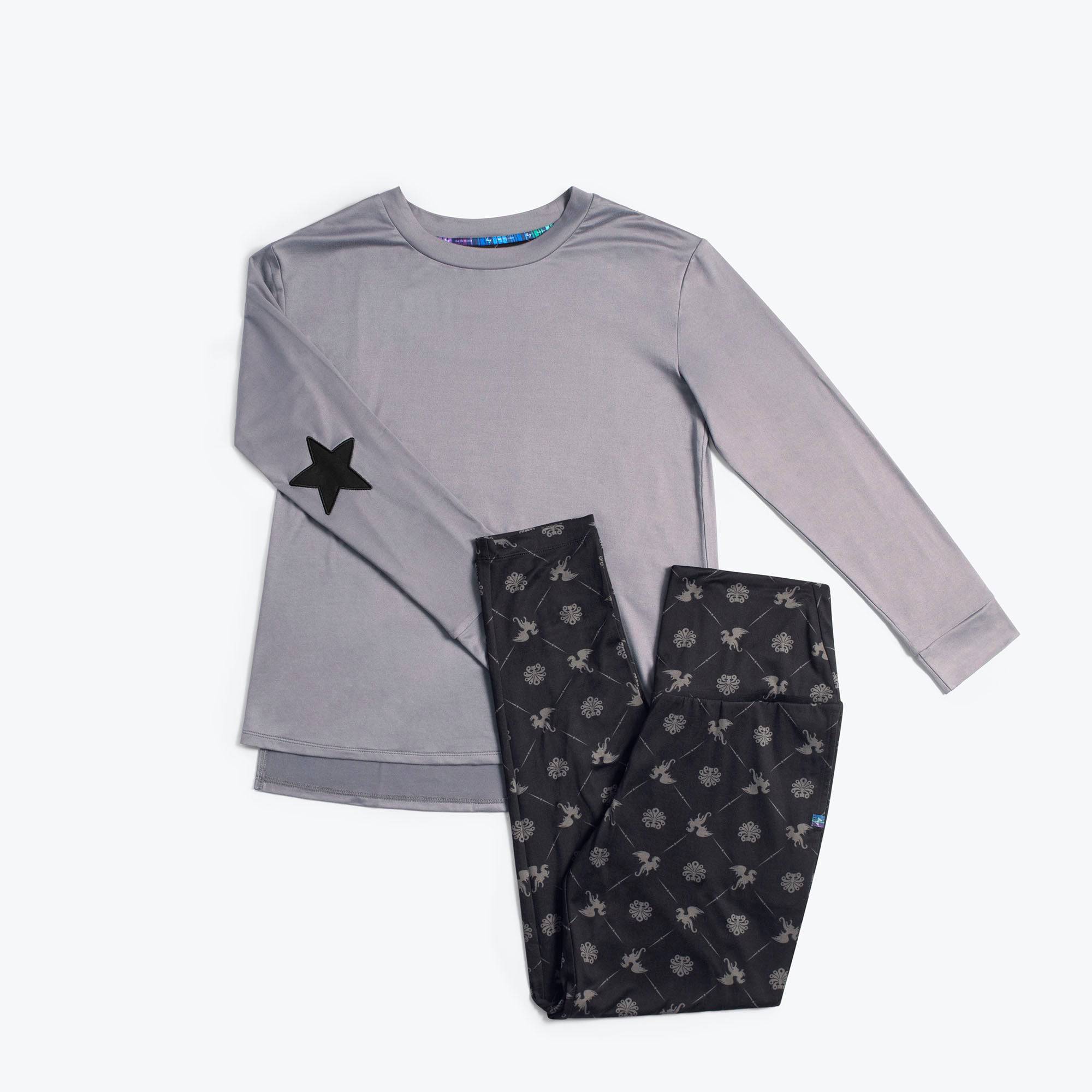 Jitterbug Long Sleeve Pajama Set - - Jitterbug_DragonBlack_Flatlay