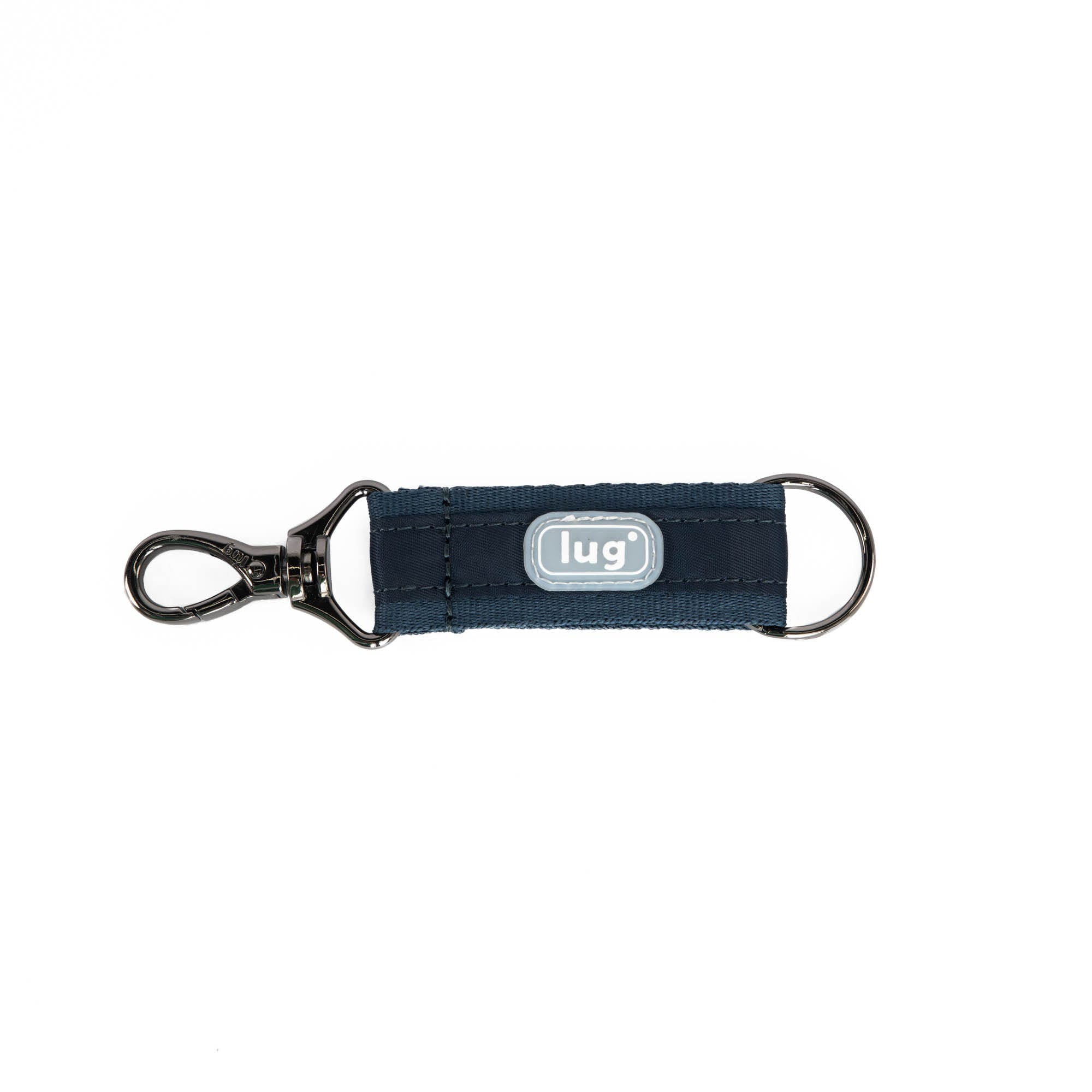 Lug indigo blue link key chain accessory with metal keyring and branding detail, designed for secure key organization.