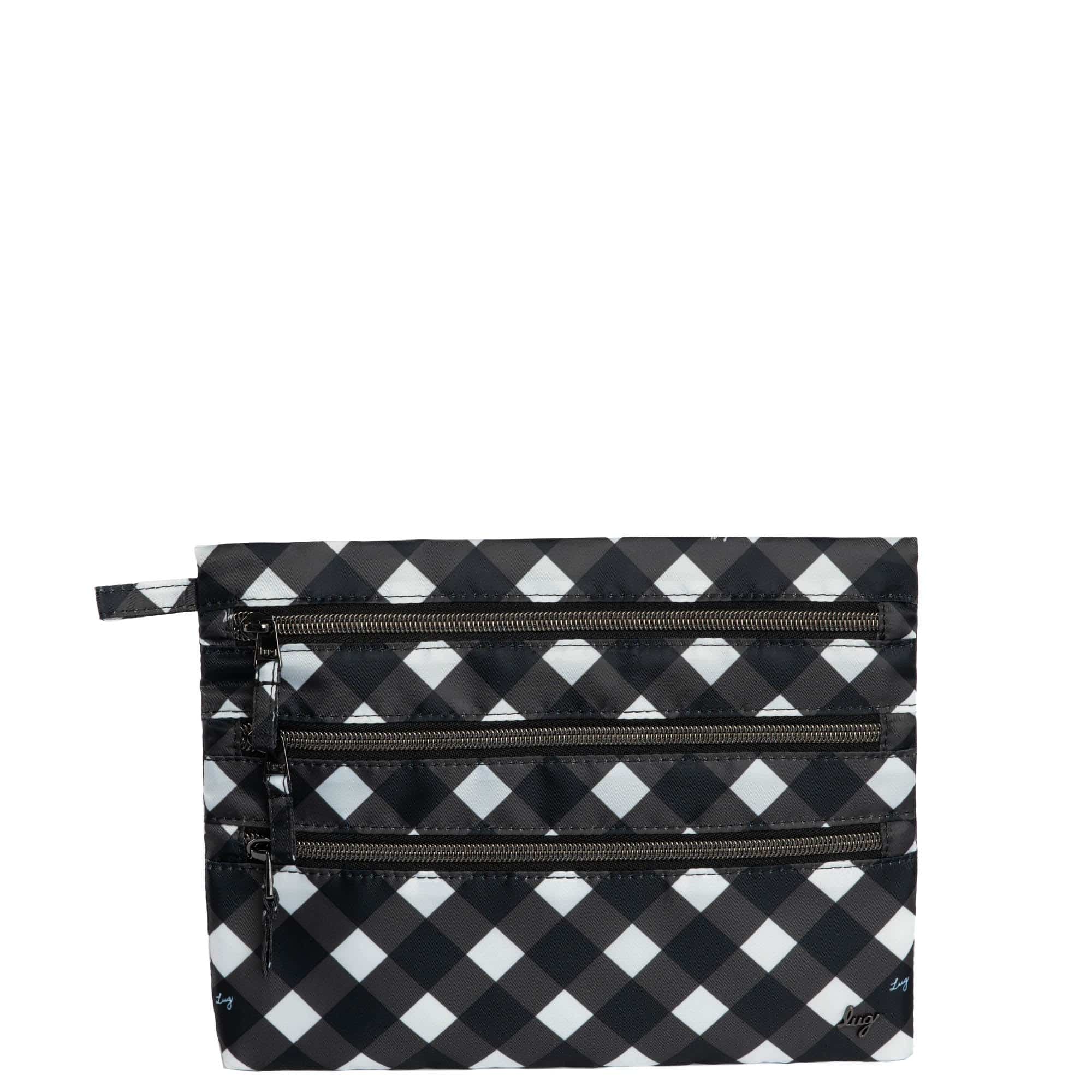 Black gingham Kickline Triple Zip Storage Pouch by Lug, featuring three zip compartments and compact accessory design.