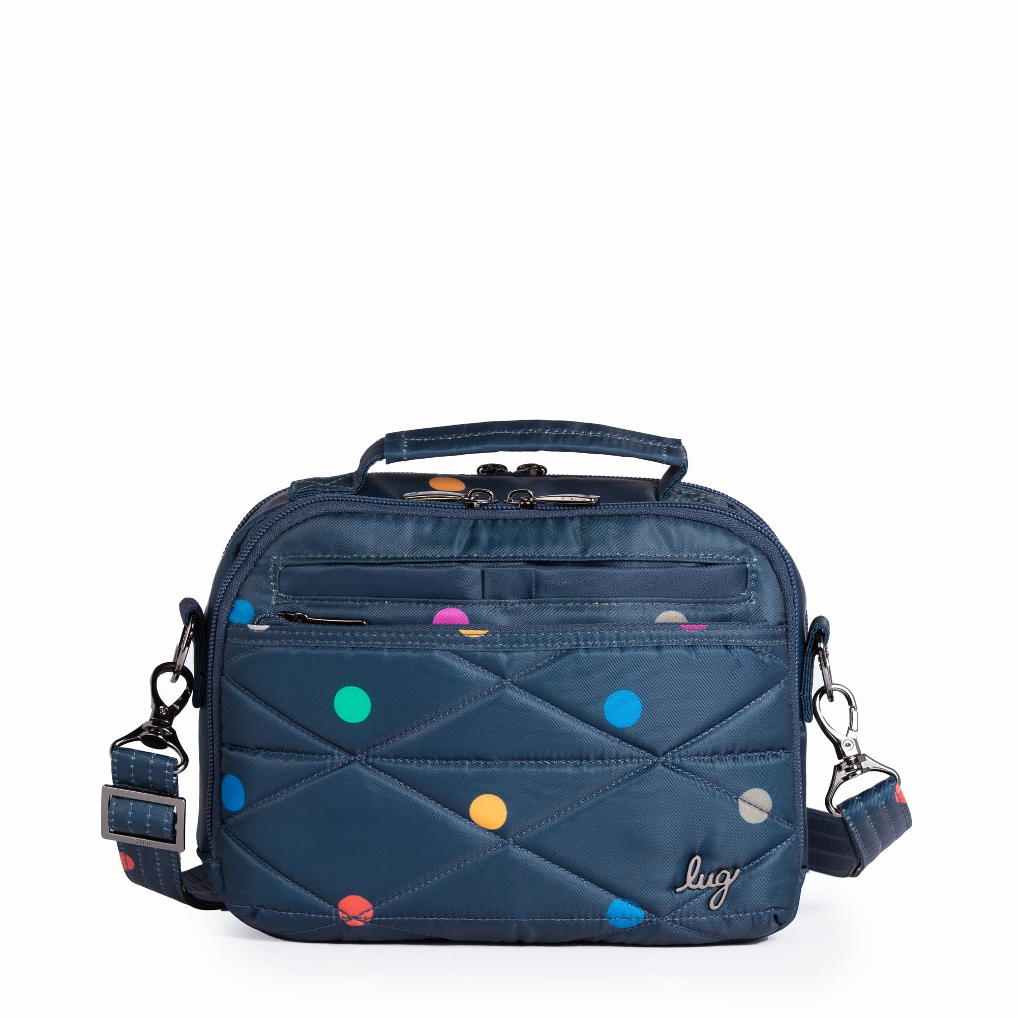 Lug Roundabout XL Convertible Wallet Crossbody bag in multi-dot pattern with adjustable strap and multiple compartments.