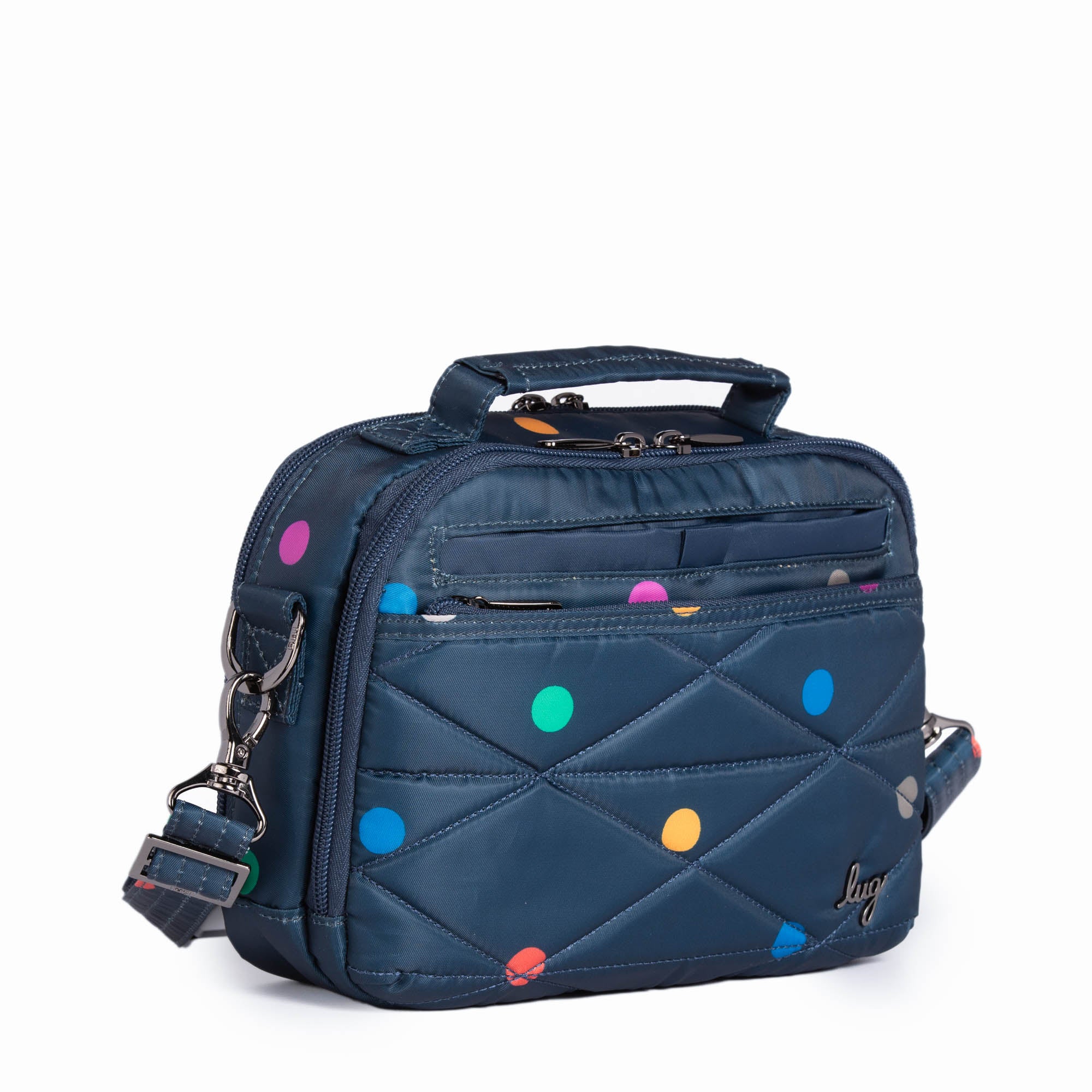 Lug Roundabout XL convertible wallet crossbody bag in multi-dot pattern with adjustable strap and multiple compartments.