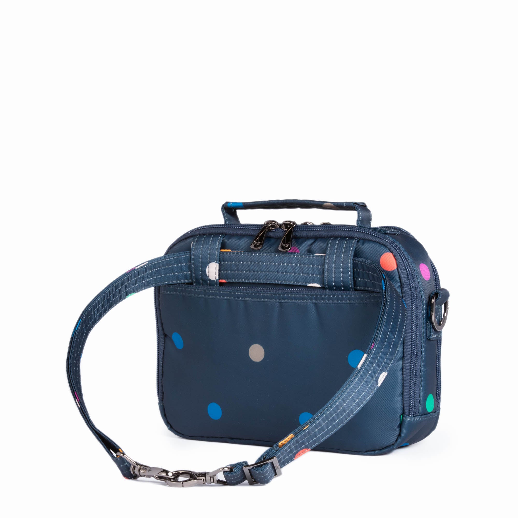 Lug Roundabout XL convertible wallet and crossbody bag in multicolored dots with adjustable strap and multiple compartments.