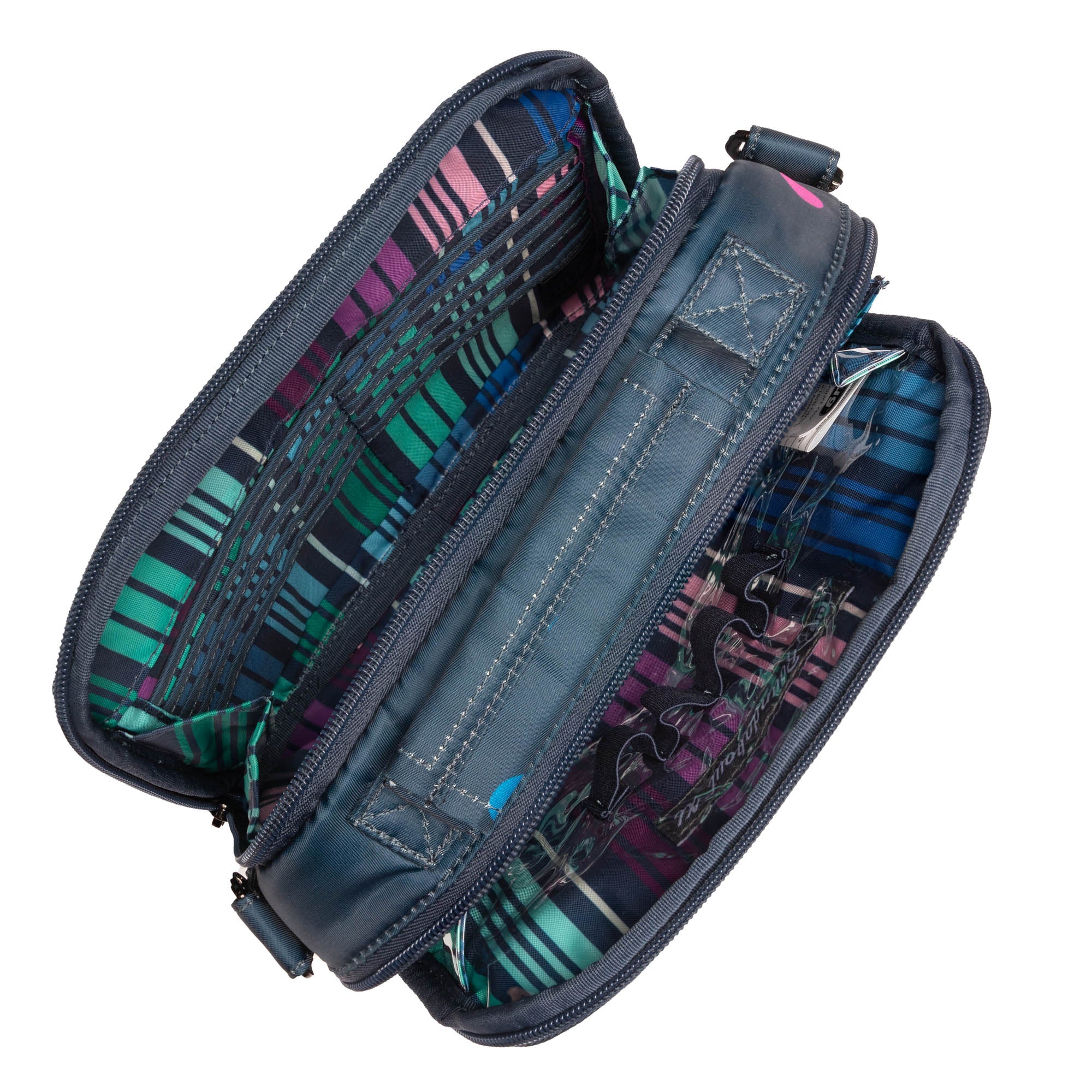 Lug Roundabout XL Convertible Wallet Crossbody bag with multicolor dots, featuring a compact design and adjustable strap.