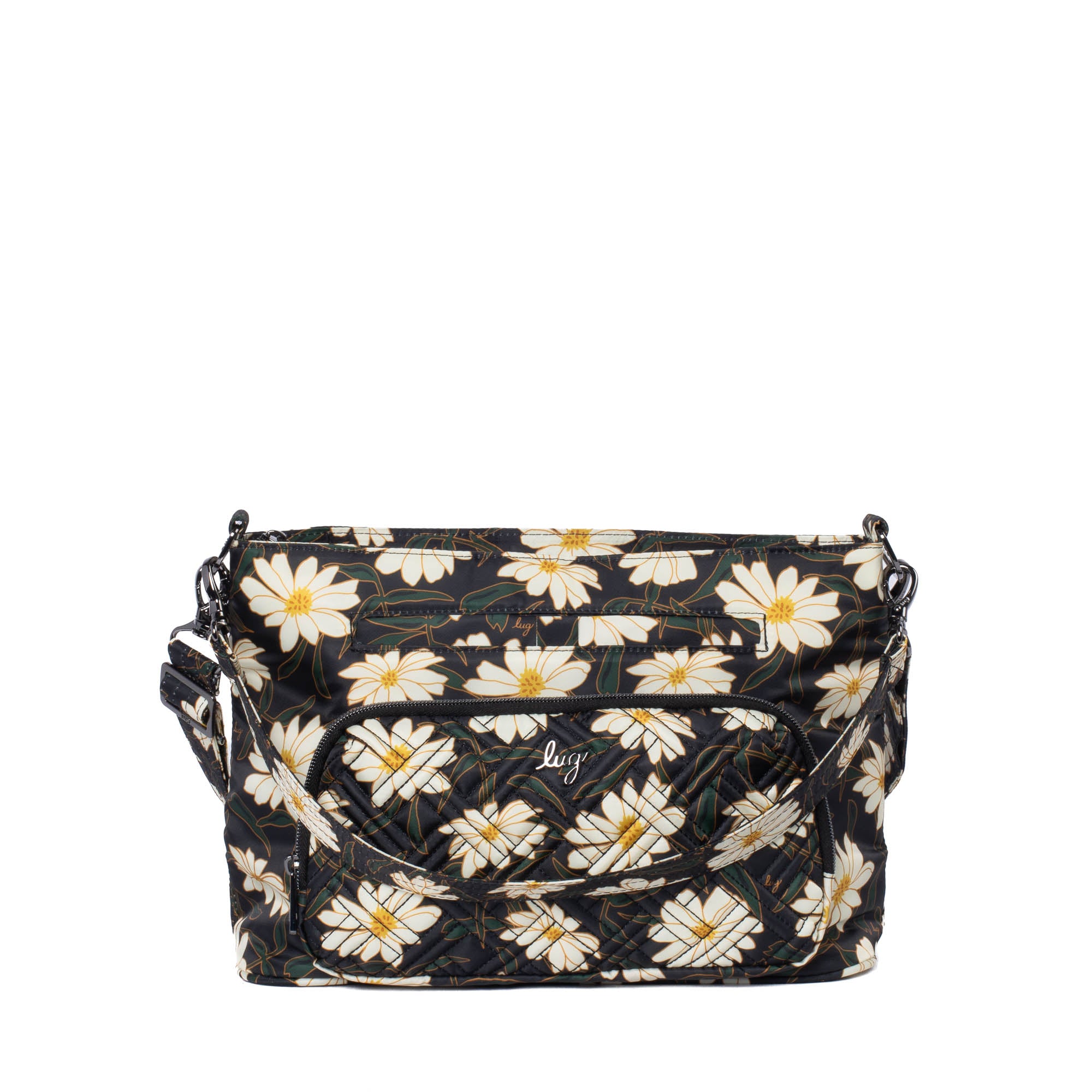 Lug Samba 2 convertible crossbody bag in autumn daisies pattern, featuring a compact design with adjustable strap and floral details.