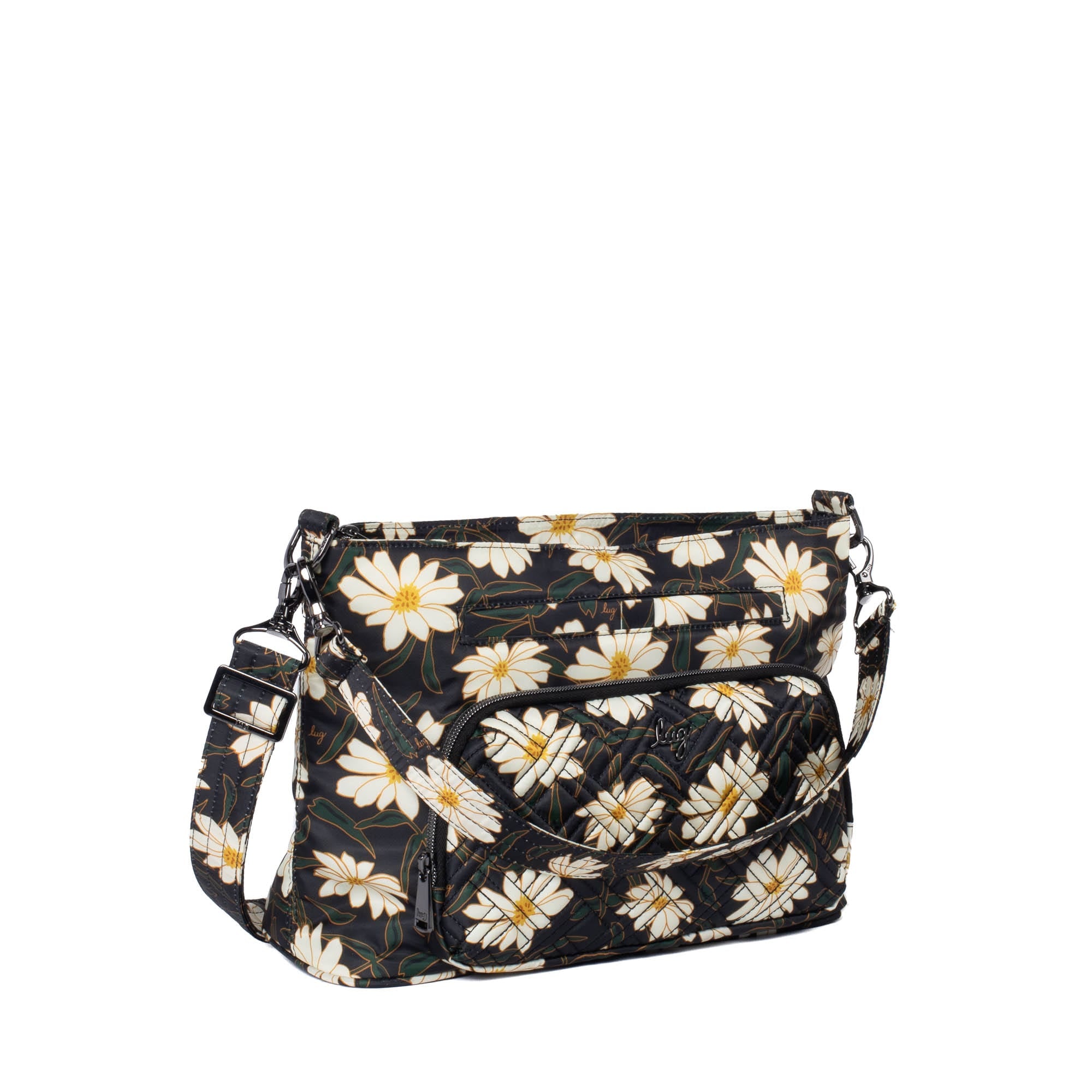 Lug Samba 2 convertible crossbody bag in autumn daisies print with adjustable strap and multiple compartments.