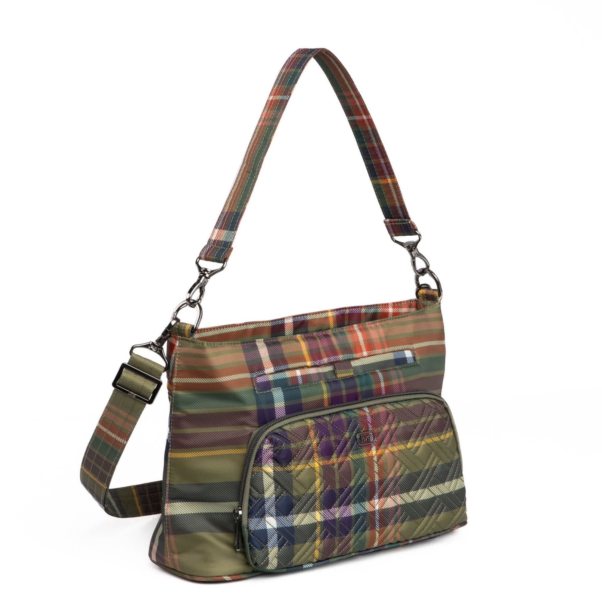 Lug Samba 2 convertible crossbody bag in autumn plaid with adjustable strap and compact design.
