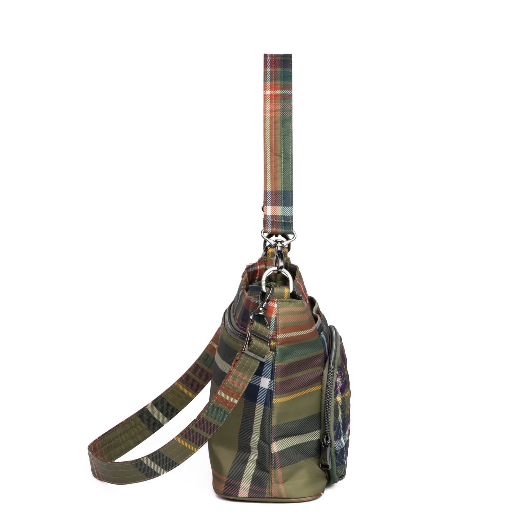 Lug Samba 2 convertible crossbody bag in autumn plaid fabric with adjustable strap and zippered pocket.