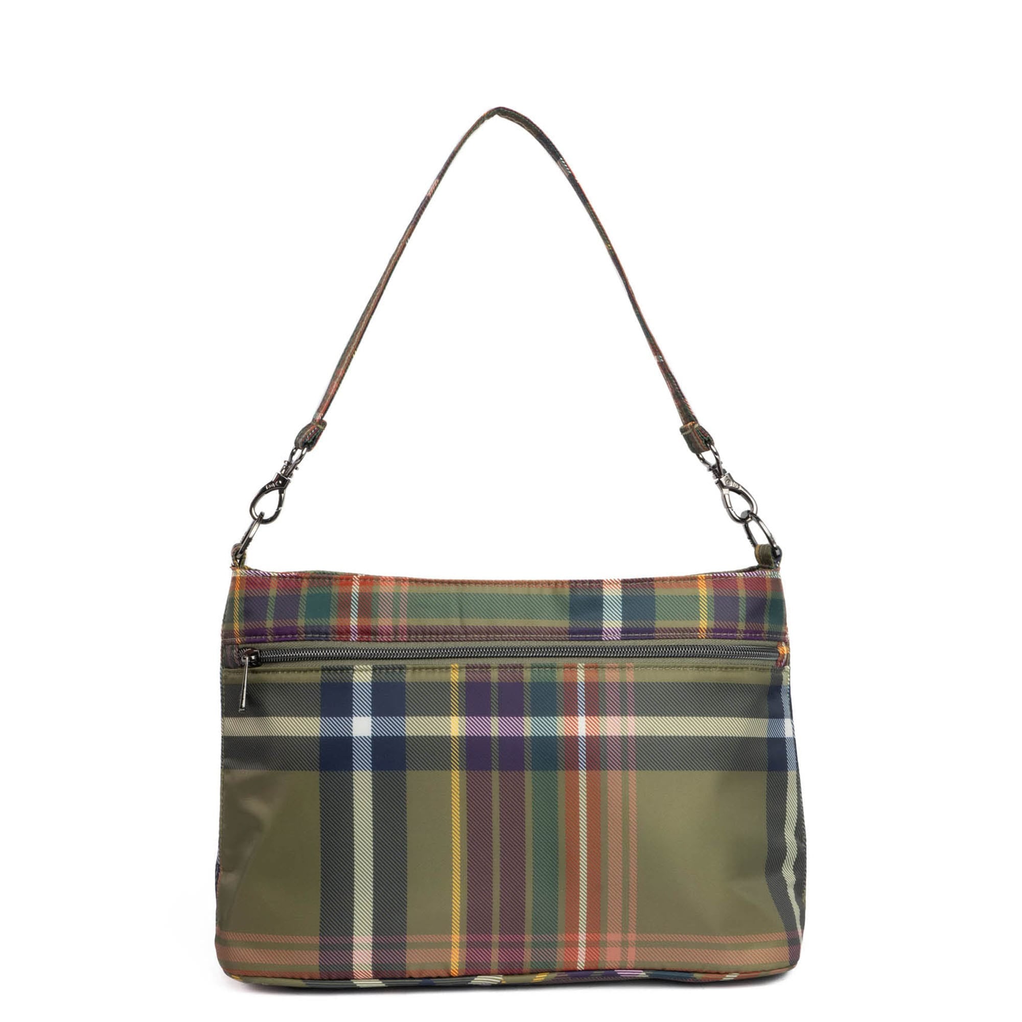 Lug Samba 2 convertible crossbody bag in autumn plaid fabric, featuring adjustable strap and multiple compartments.