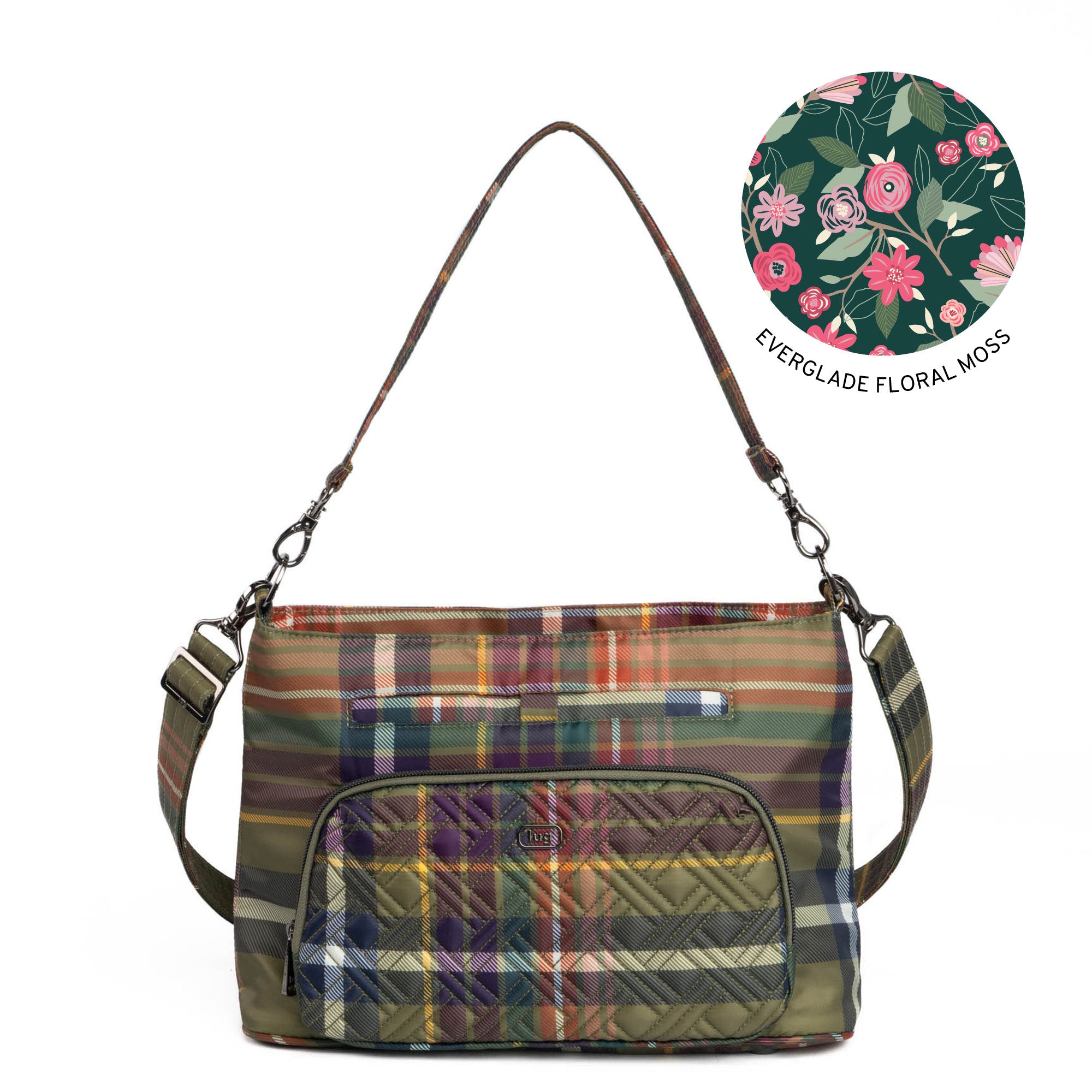 Lug Samba 2 Convertible Crossbody Bag in autumn plaid fabric with adjustable strap and zippered main compartment.
