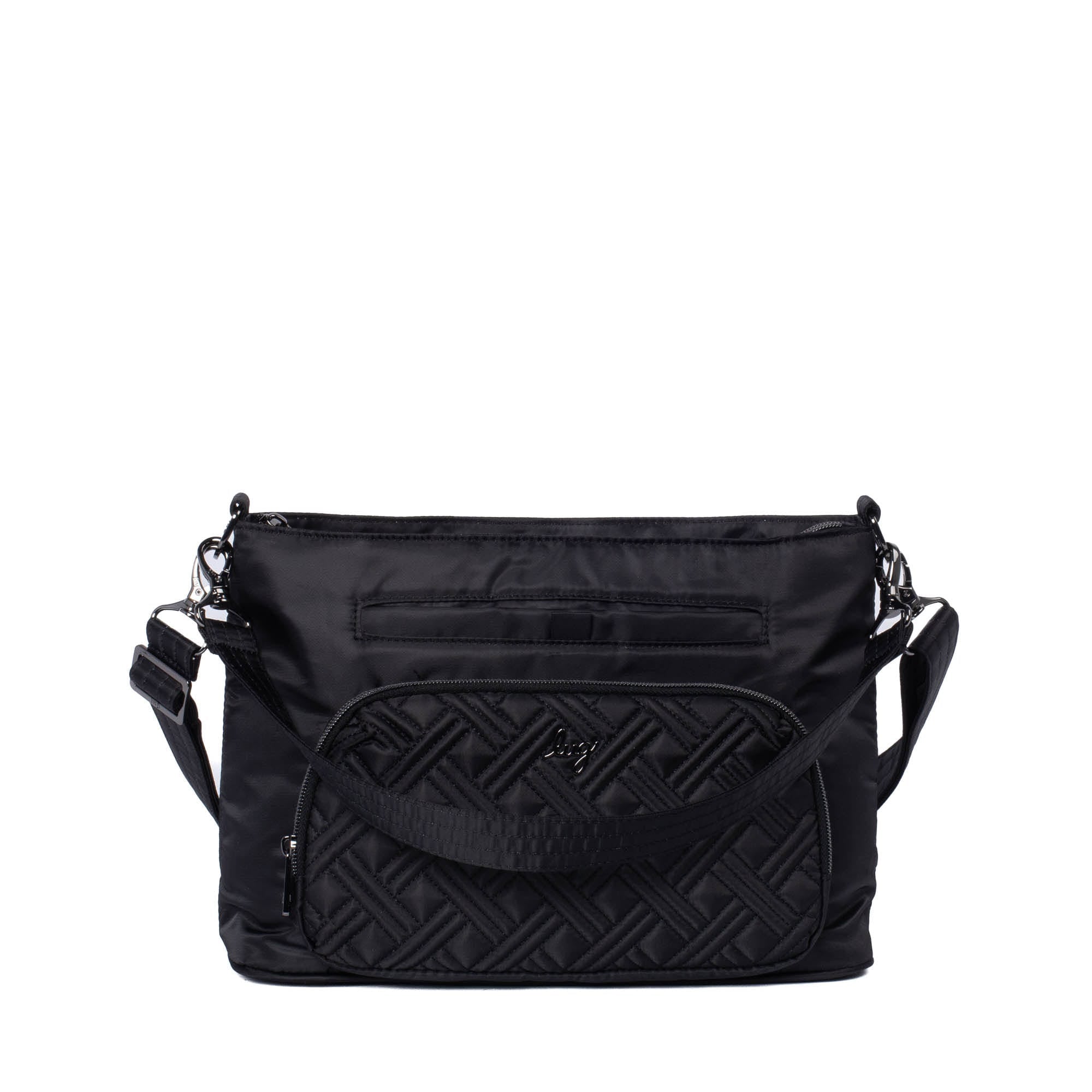 Black Lug Samba 2 convertible crossbody bag with adjustable strap and multiple compartments, shown on a plain background.