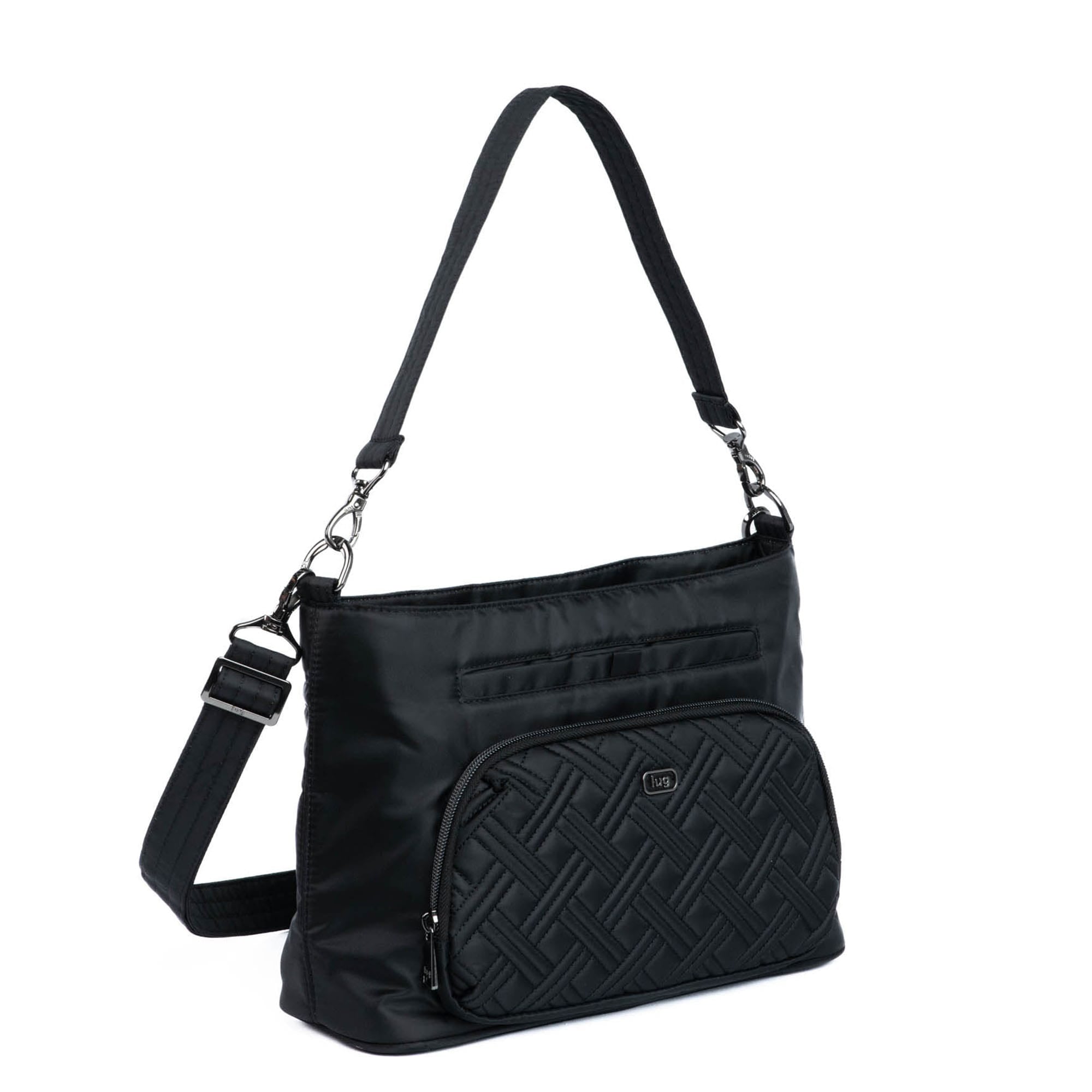 Black Lug Samba 2 Convertible Crossbody Bag with adjustable strap and multiple compartments, showcasing its sleek design.