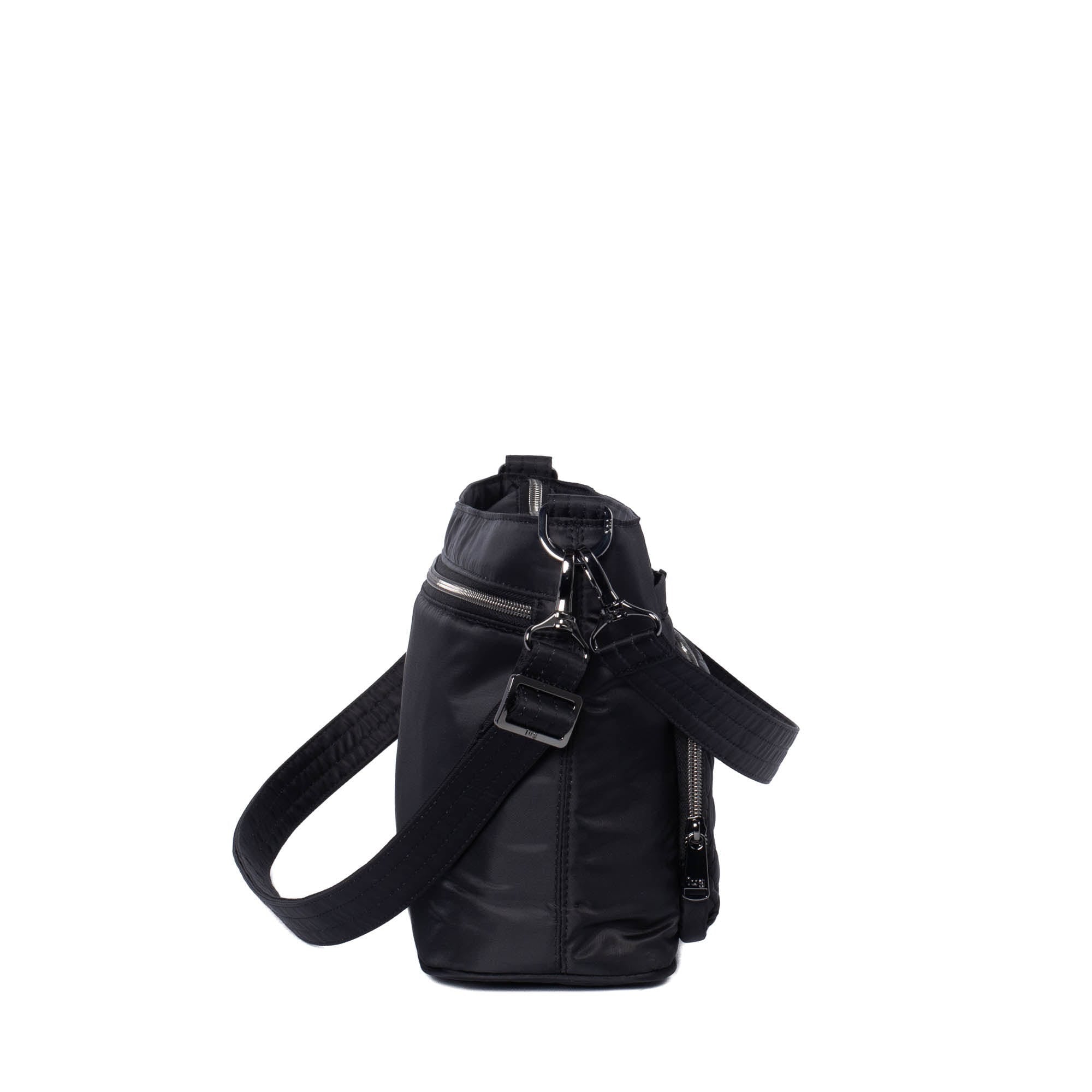 Black Lug Samba 2 convertible crossbody bag with adjustable strap and multiple compartments, shown from front view.