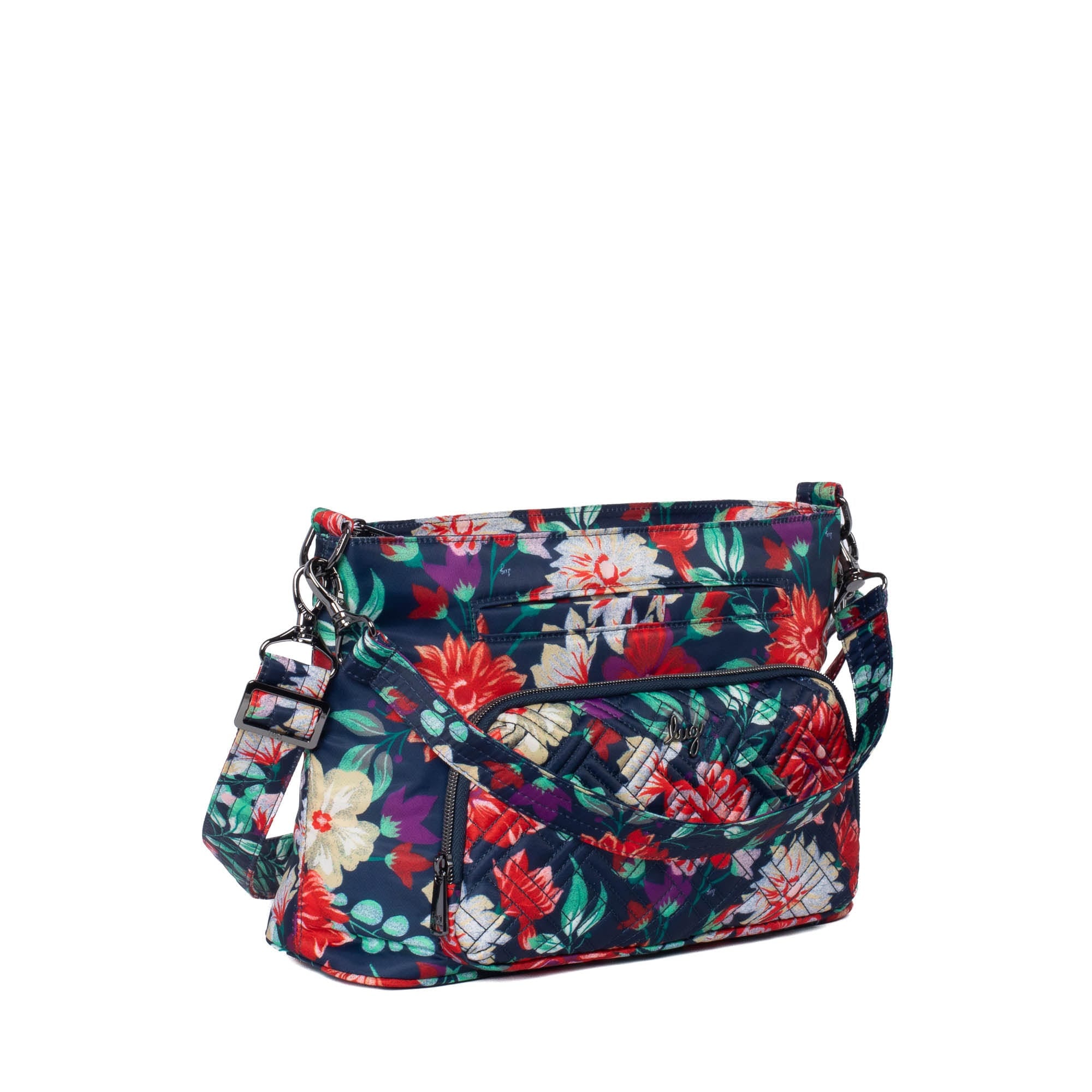 Lug Samba 2 convertible crossbody bag in Bloom Revival pattern, showcasing its compact design and adjustable strap.