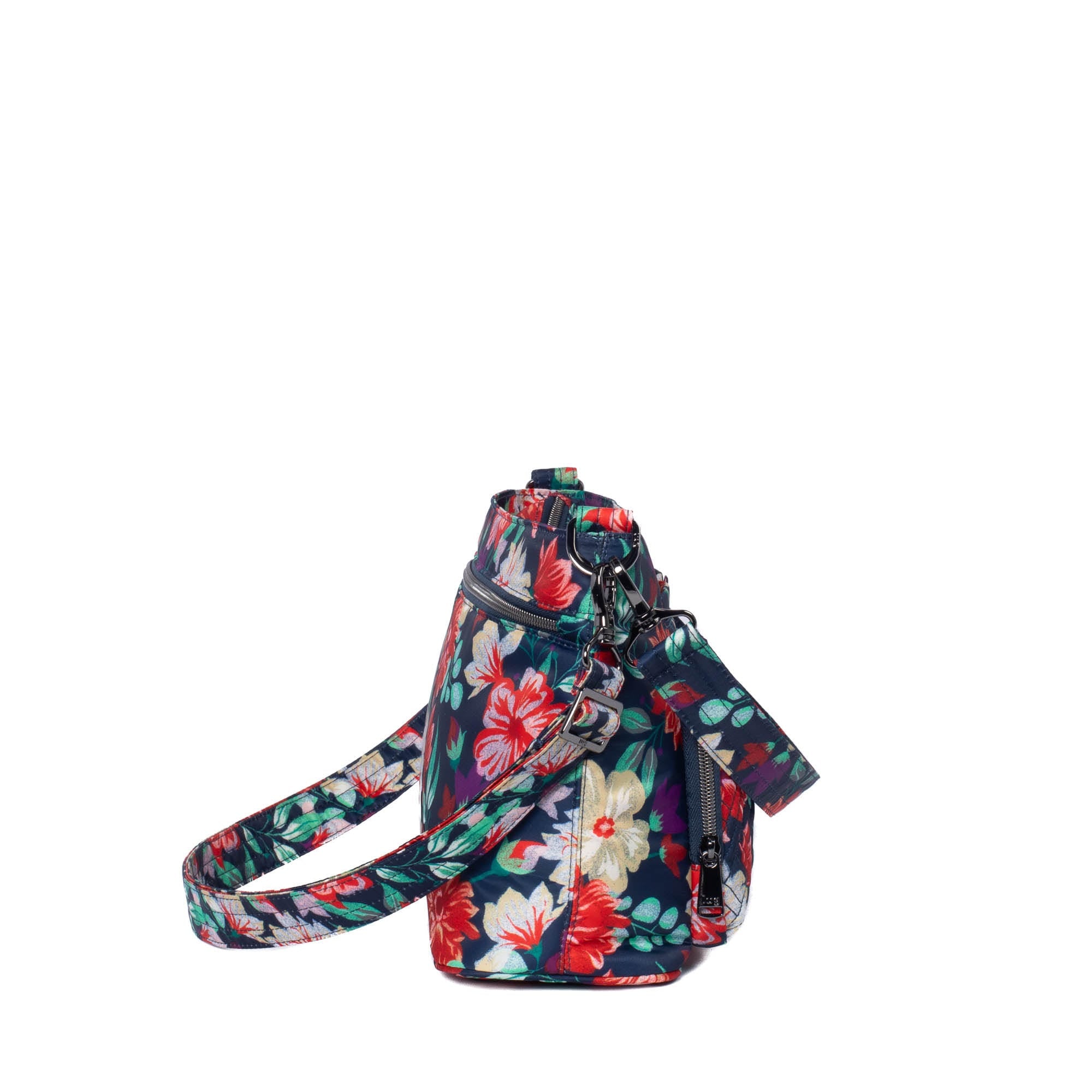 Lug Samba 2 Convertible Crossbody Bag in floral print with adjustable strap and multiple compartments on a white background.