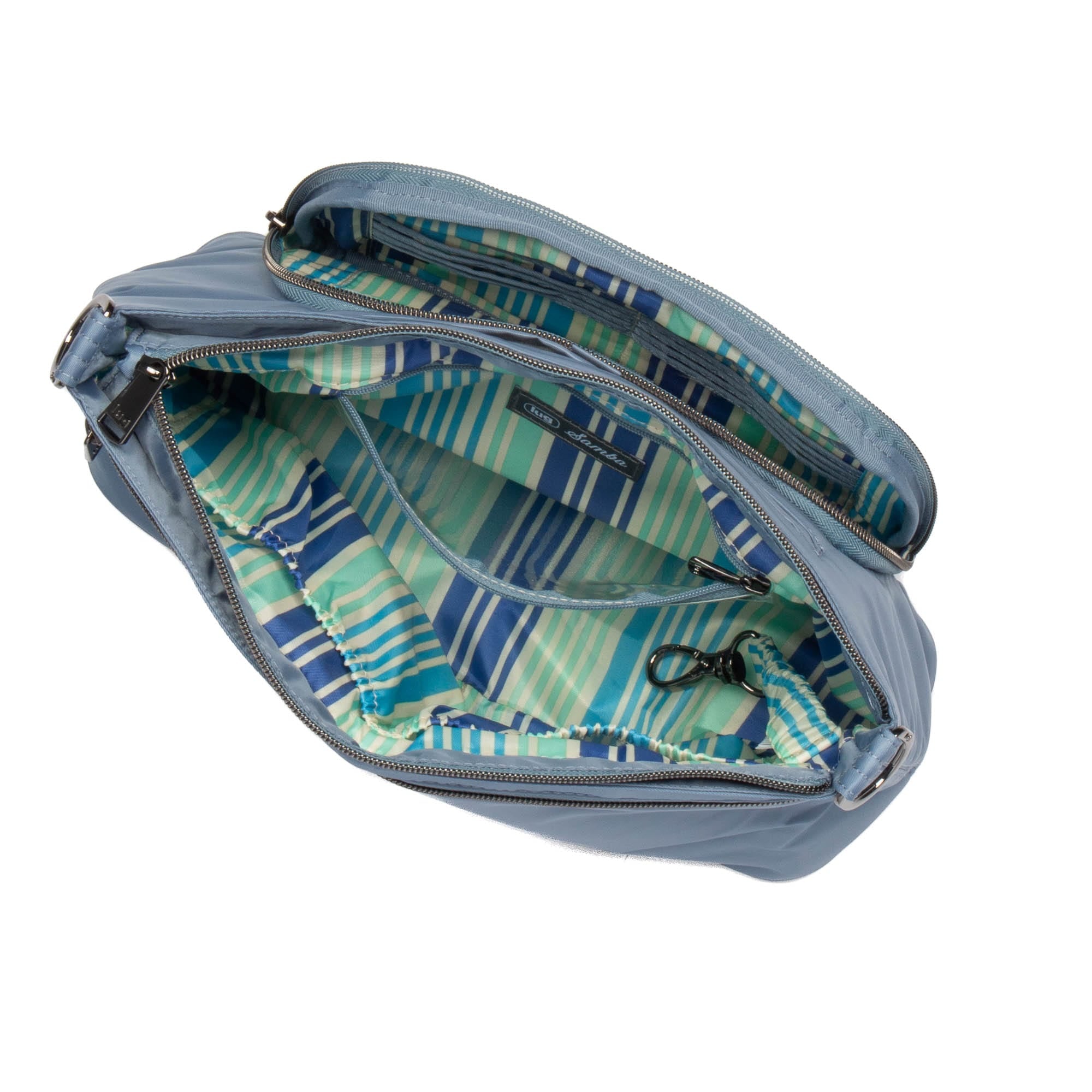 Lug Samba 2 Blue Moon convertible crossbody bag with adjustable strap and multiple compartments, shown in side view.