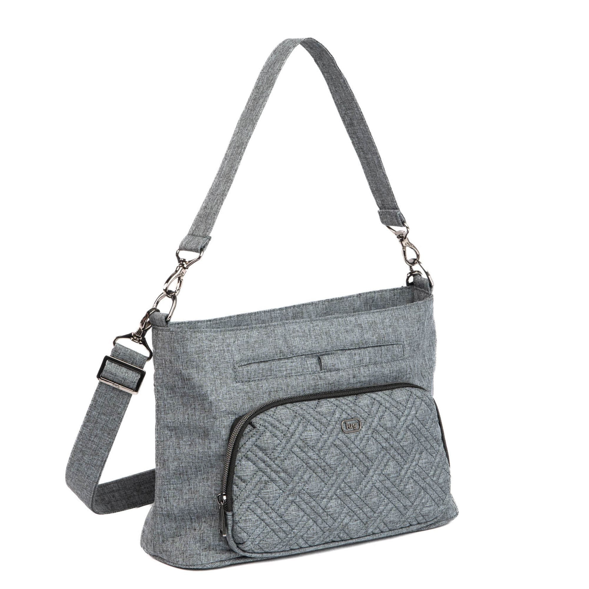 Lug Samba 2 convertible crossbody bag in Heather Grey, showing the compact design with adjustable strap and multiple compartments.