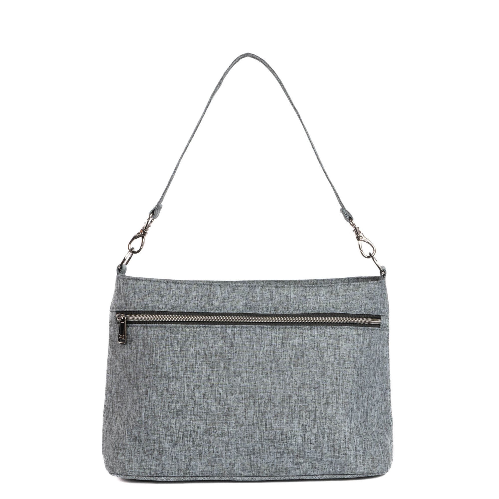 Heather grey Lug Samba 2 convertible crossbody bag with adjustable strap and multiple compartments.