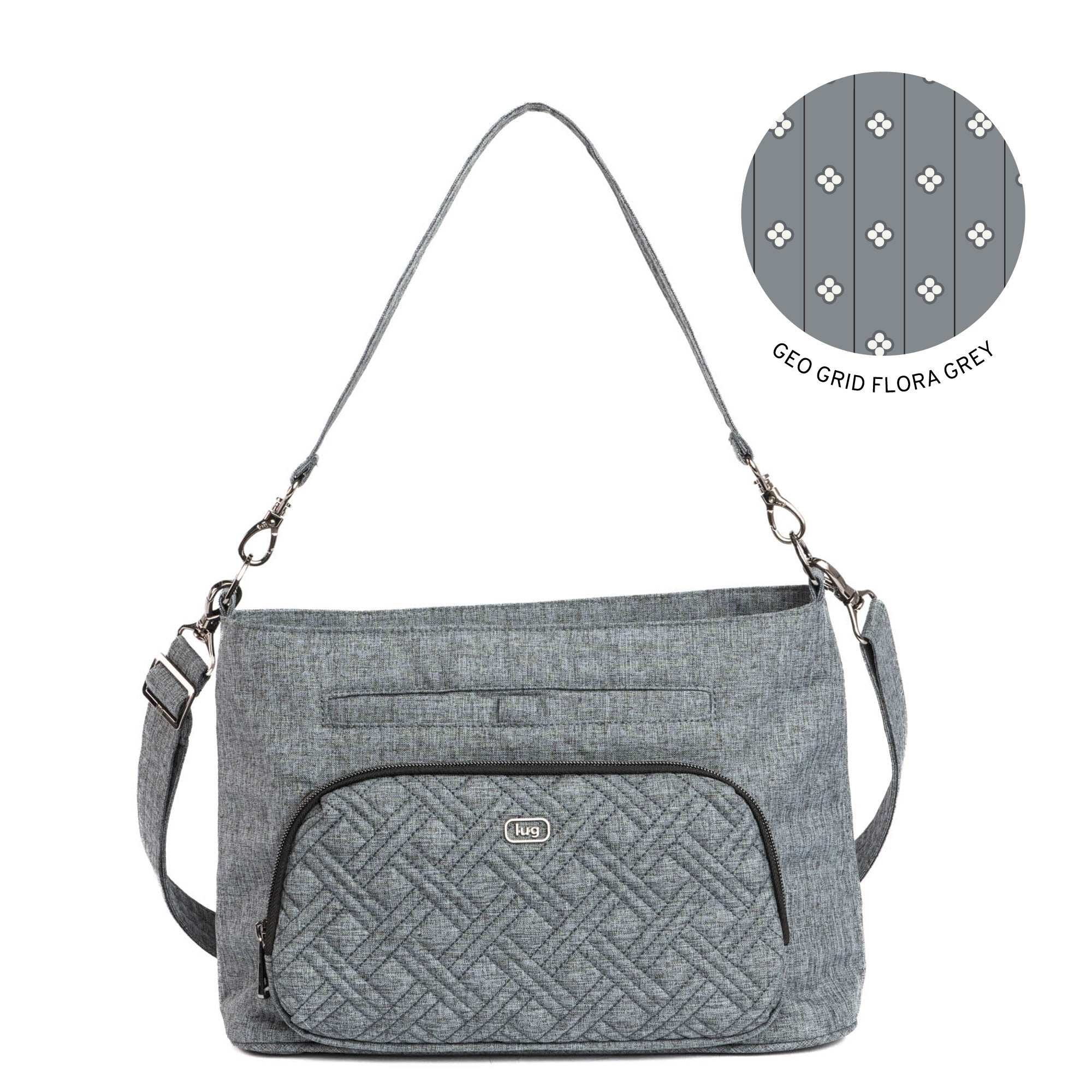 Lug Samba 2 convertible crossbody bag in Heather Grey with adjustable strap and multiple compartments, casual and versatile design.
