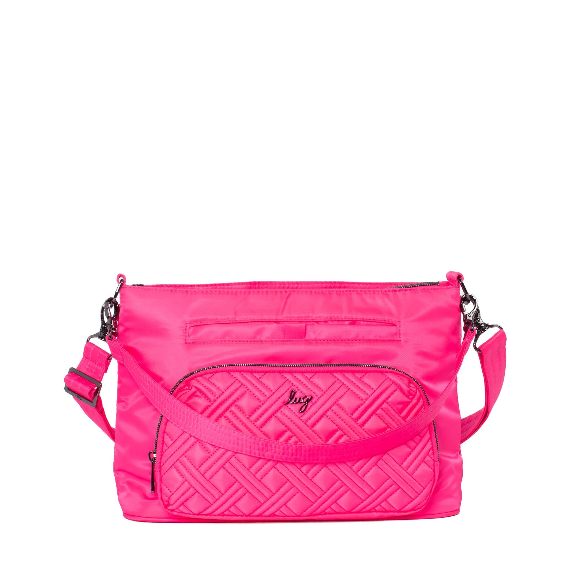 Lug Samba 2 convertible magenta crossbody bag with adjustable strap and multiple compartments, stylish and functional.