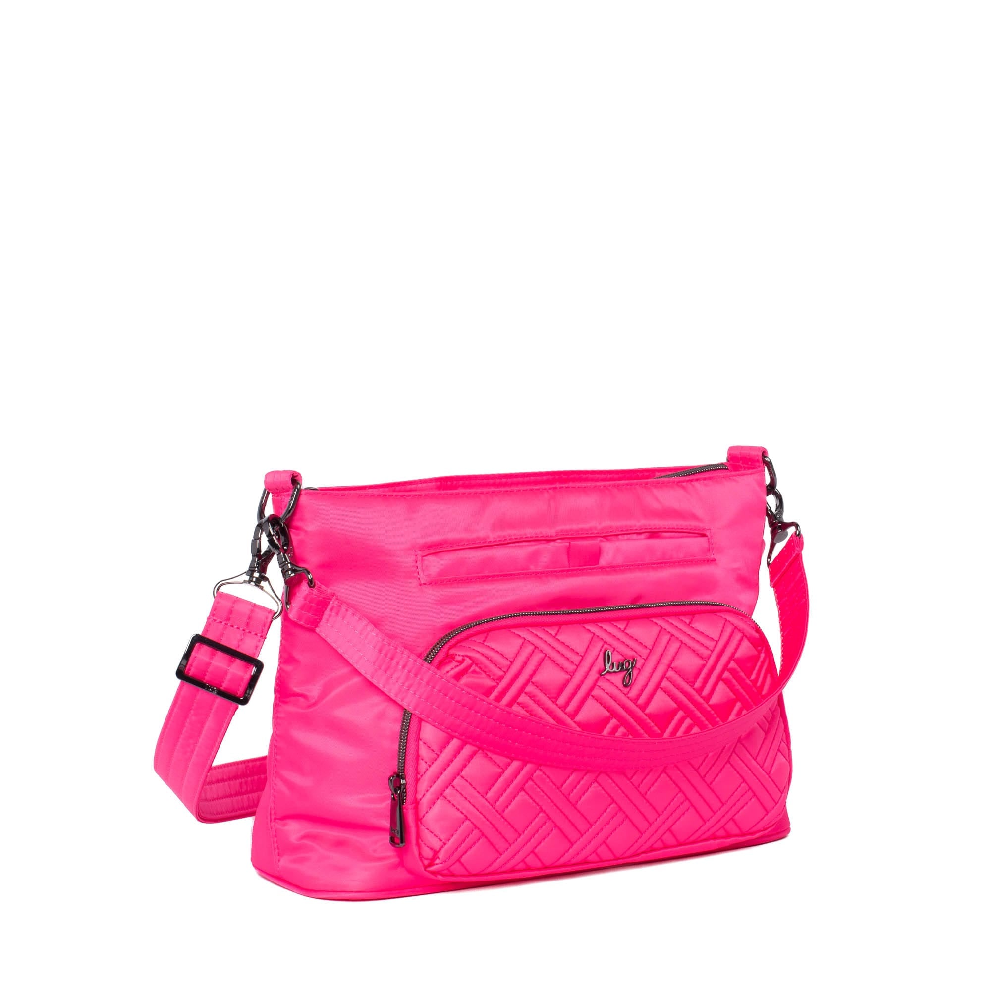 Lug Samba 2 convertible magenta crossbody bag with adjustable strap and sleek design, shown on a plain background.