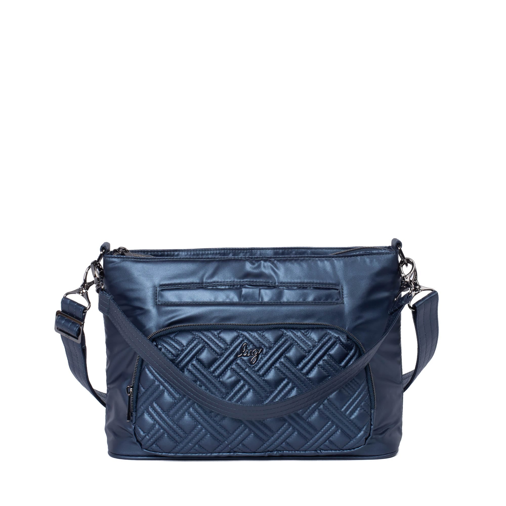 Lug Samba 2 metallic indigo convertible crossbody bag with adjustable strap and sleek design, featuring a zip closure and minimal hardware.