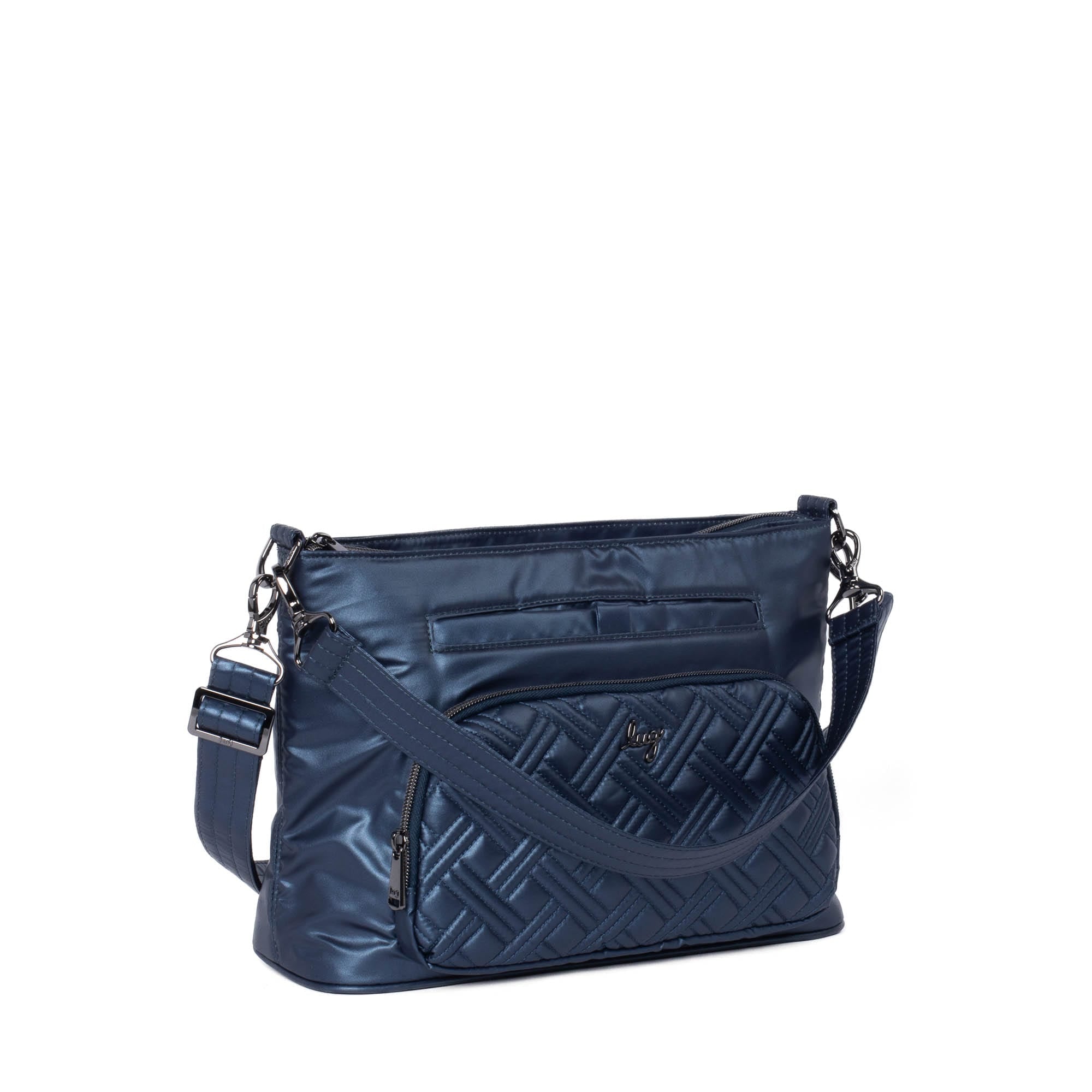 Lug Samba 2 convertible metallic indigo crossbody bag with adjustable strap and sleek design.