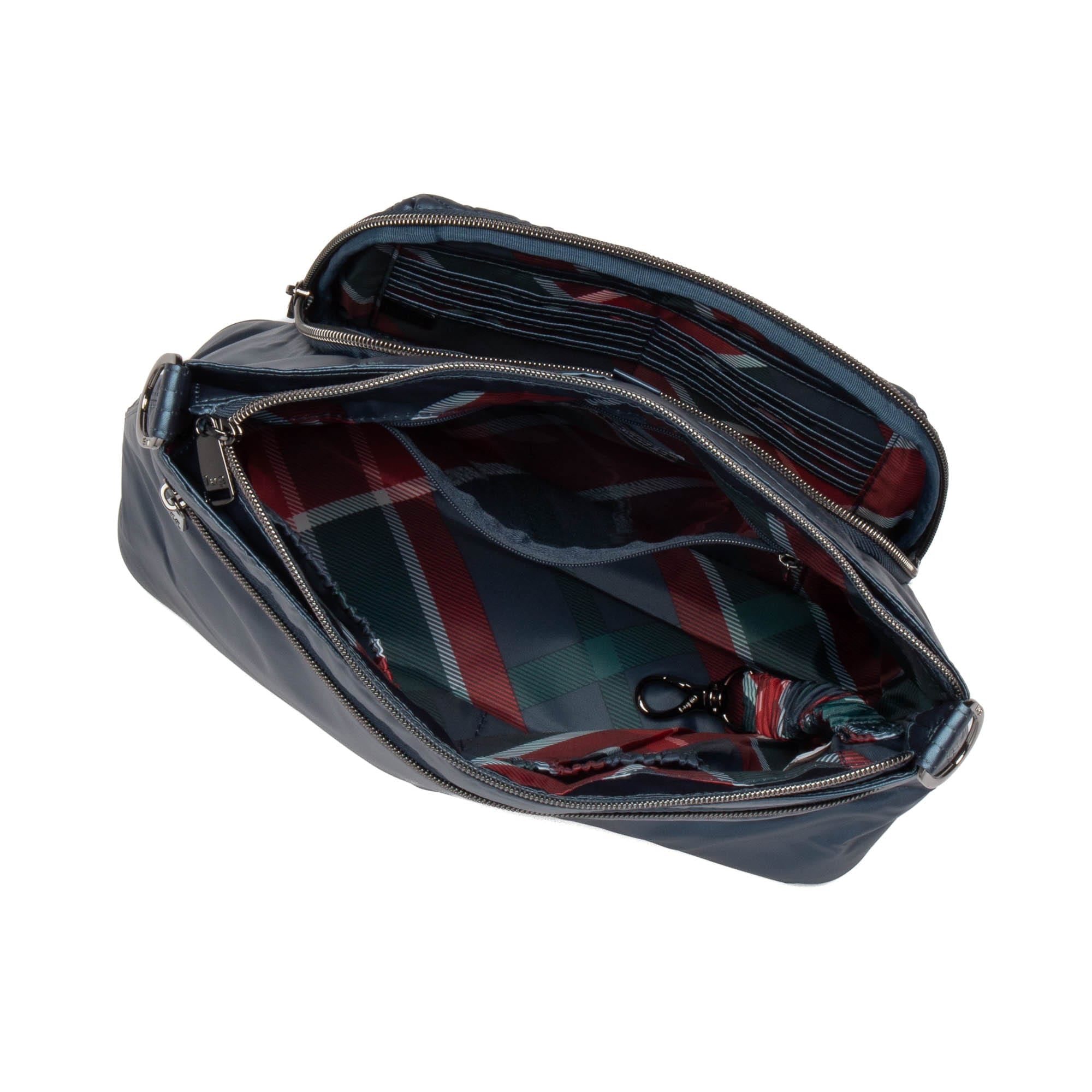 Lug Samba 2 convertible metallic indigo crossbody bag with adjustable strap and sleek design.