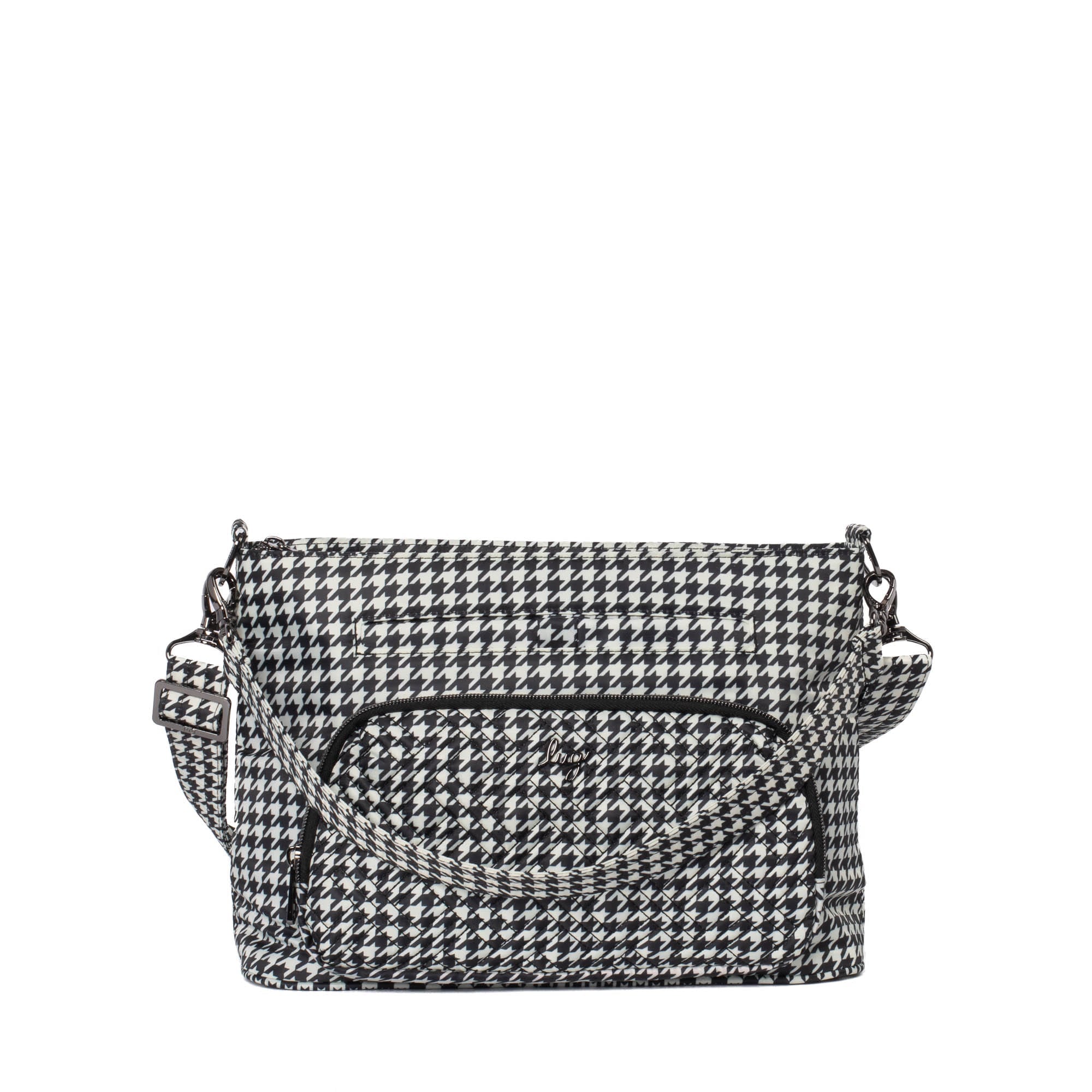 Lug Samba 2 convertible black crossbody bag with micro houndstooth pattern, featuring a compact, versatile design with adjustable strap.