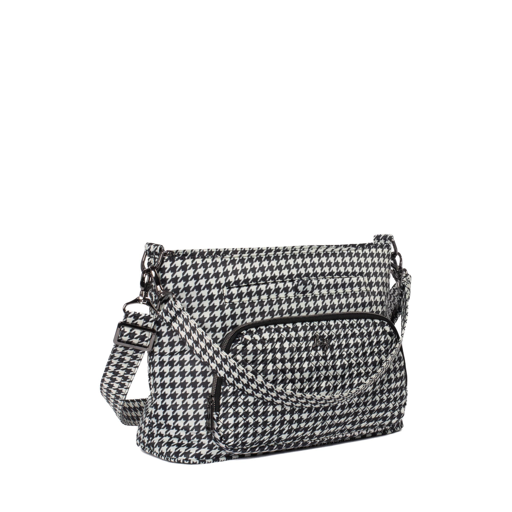 Lug Samba 2 convertible crossbody bag in black micro houndstooth pattern with adjustable strap and zippered pocket.