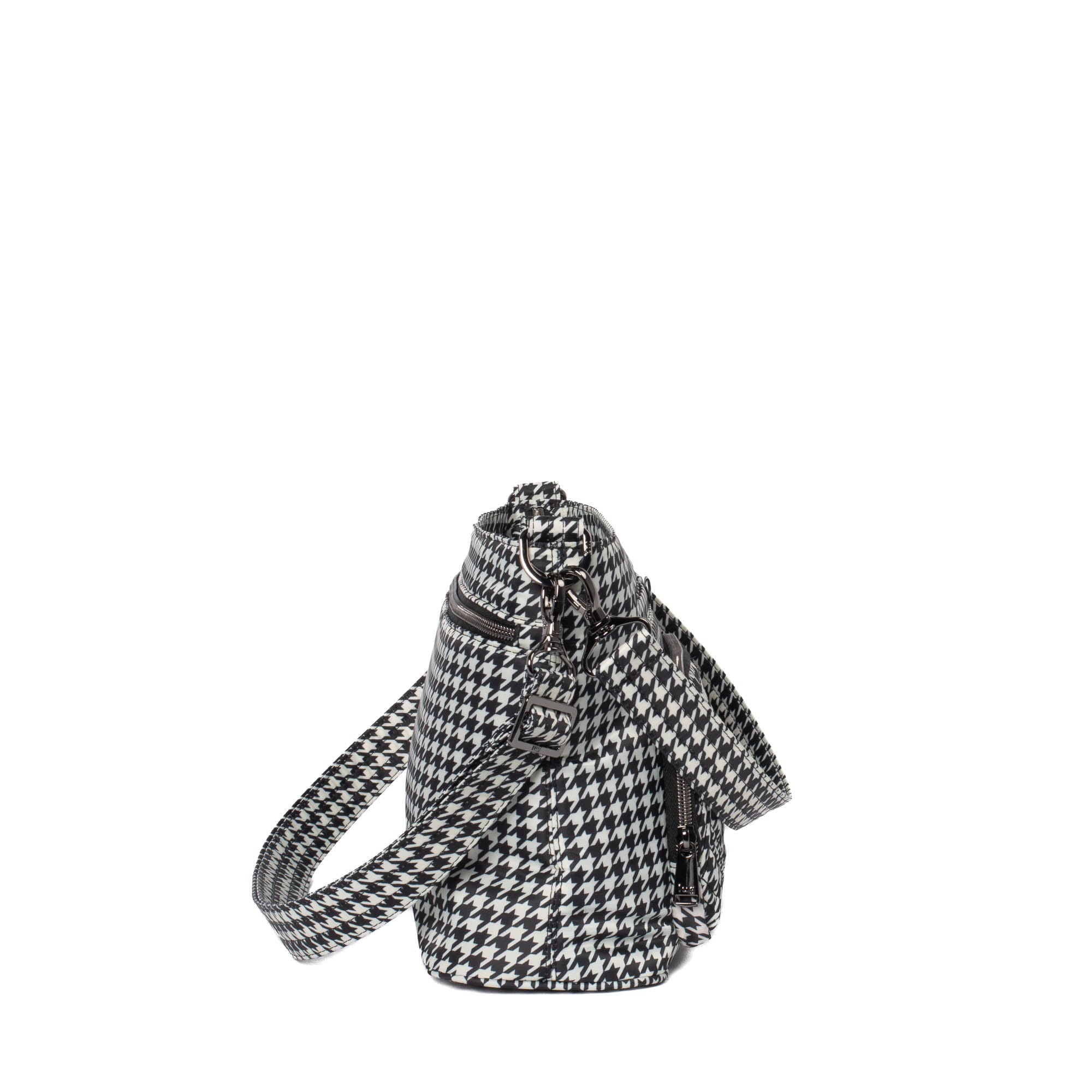 Lug Samba 2 convertible crossbody bag in black micro houndstooth fabric with adjustable strap and compact design.