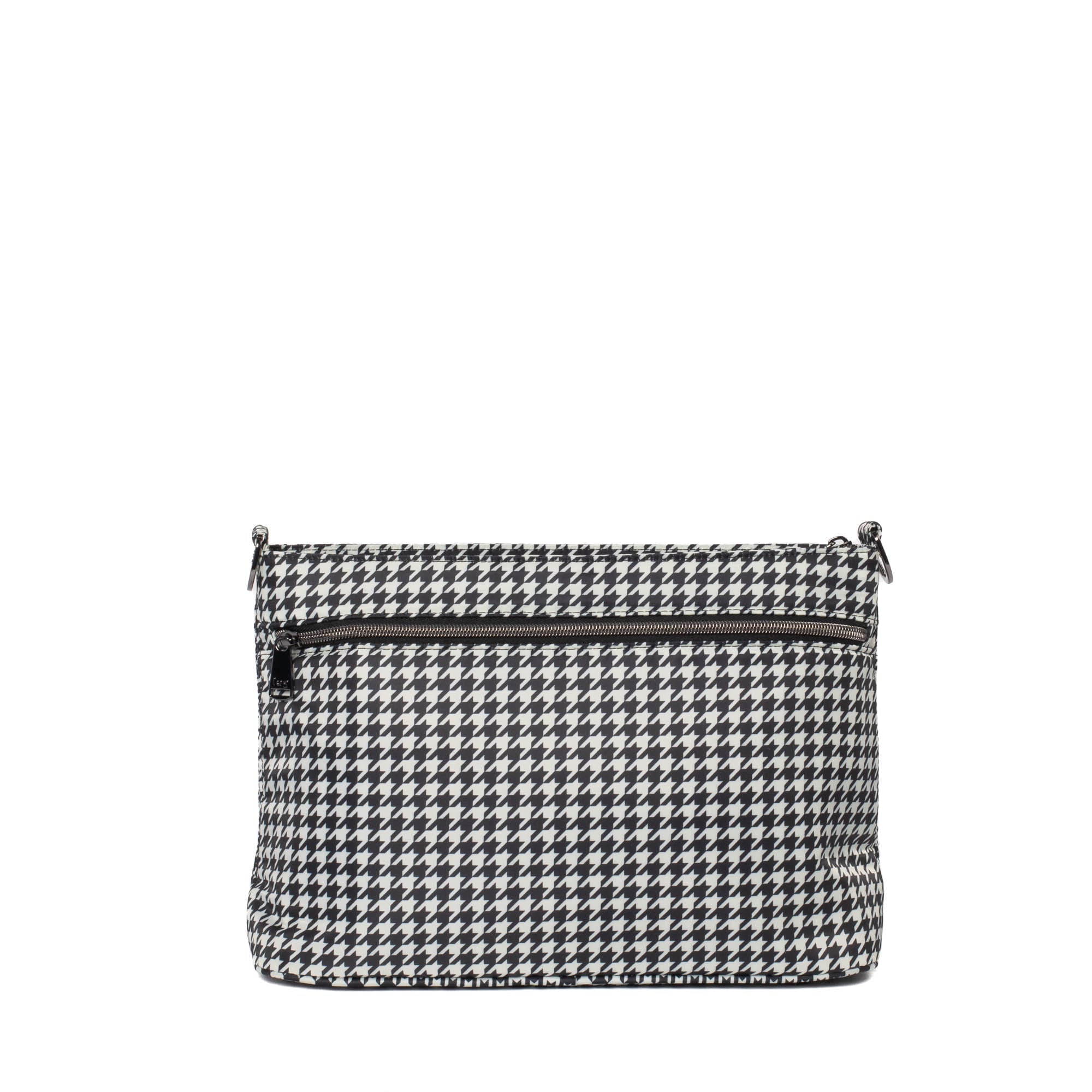 Lug Samba 2 convertible crossbody bag in black micro houndstooth fabric with adjustable strap and silver hardware.