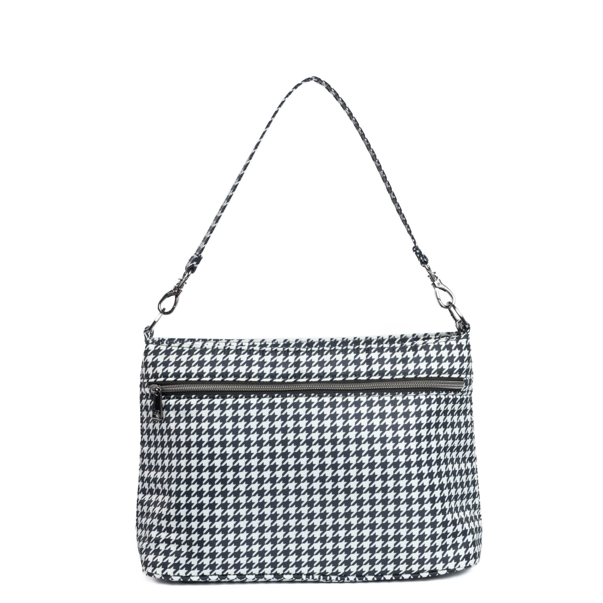 Lug Samba 2 convertible crossbody bag in micro houndstooth fabric with adjustable strap and compact design.