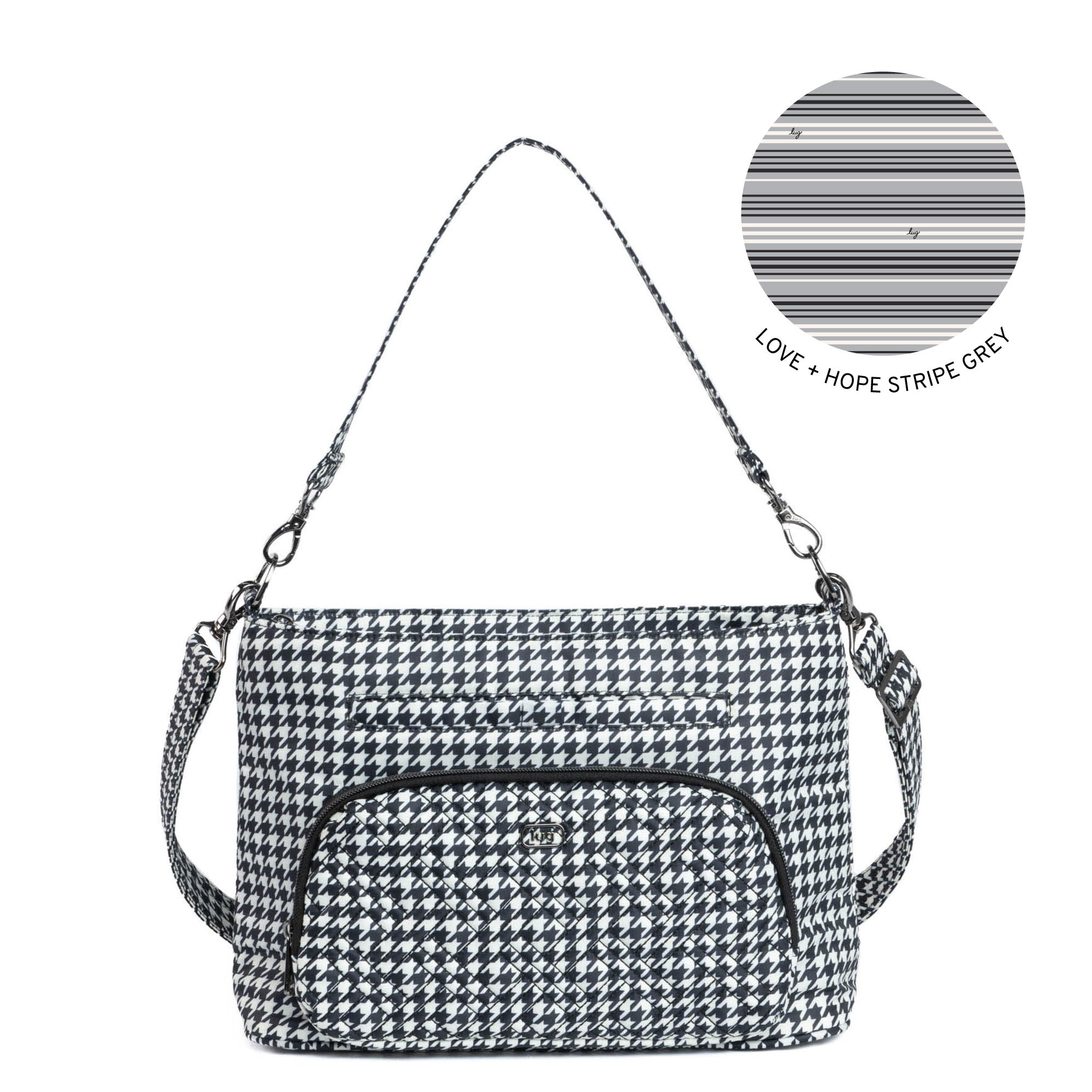 Lug Samba 2 convertible crossbody bag in black microhoundstooth fabric with adjustable strap and compact design.